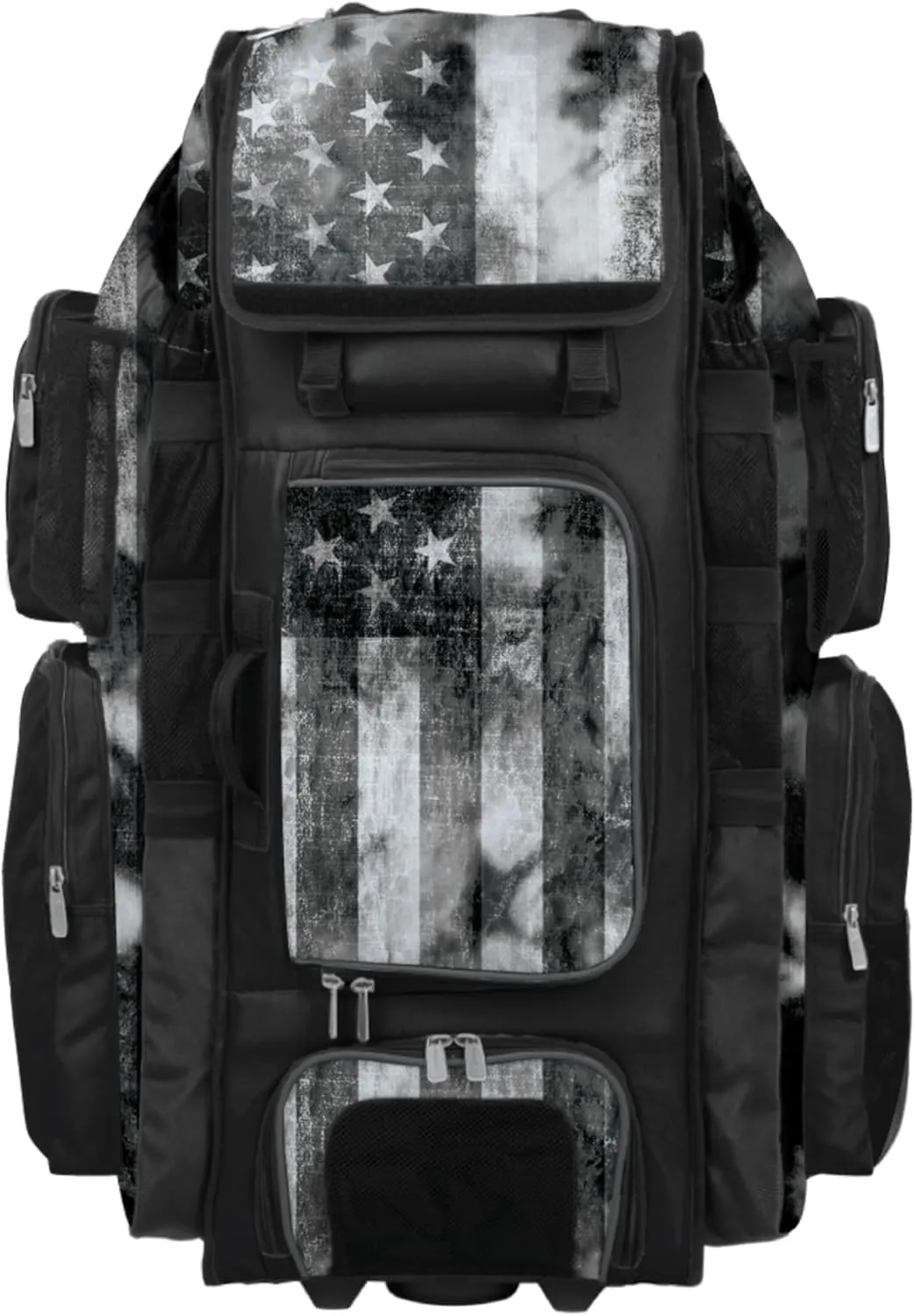 Boombah Superpack XL Rolling Bat Bag - 36" x 16" x 23.5" - Telescopic Handle - Holds 8 Bats - Wheeled Version - USA Old Glory Black Ops Black/Charcoal/White