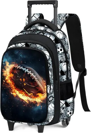 Boys Rolling Backpack for Kids - American Football Kids Rolling Backpack with Wheels for Elementary Middle School Students - Roller School Bookbag Aged 6-18, Wheeled Travel Bag Large Capacity