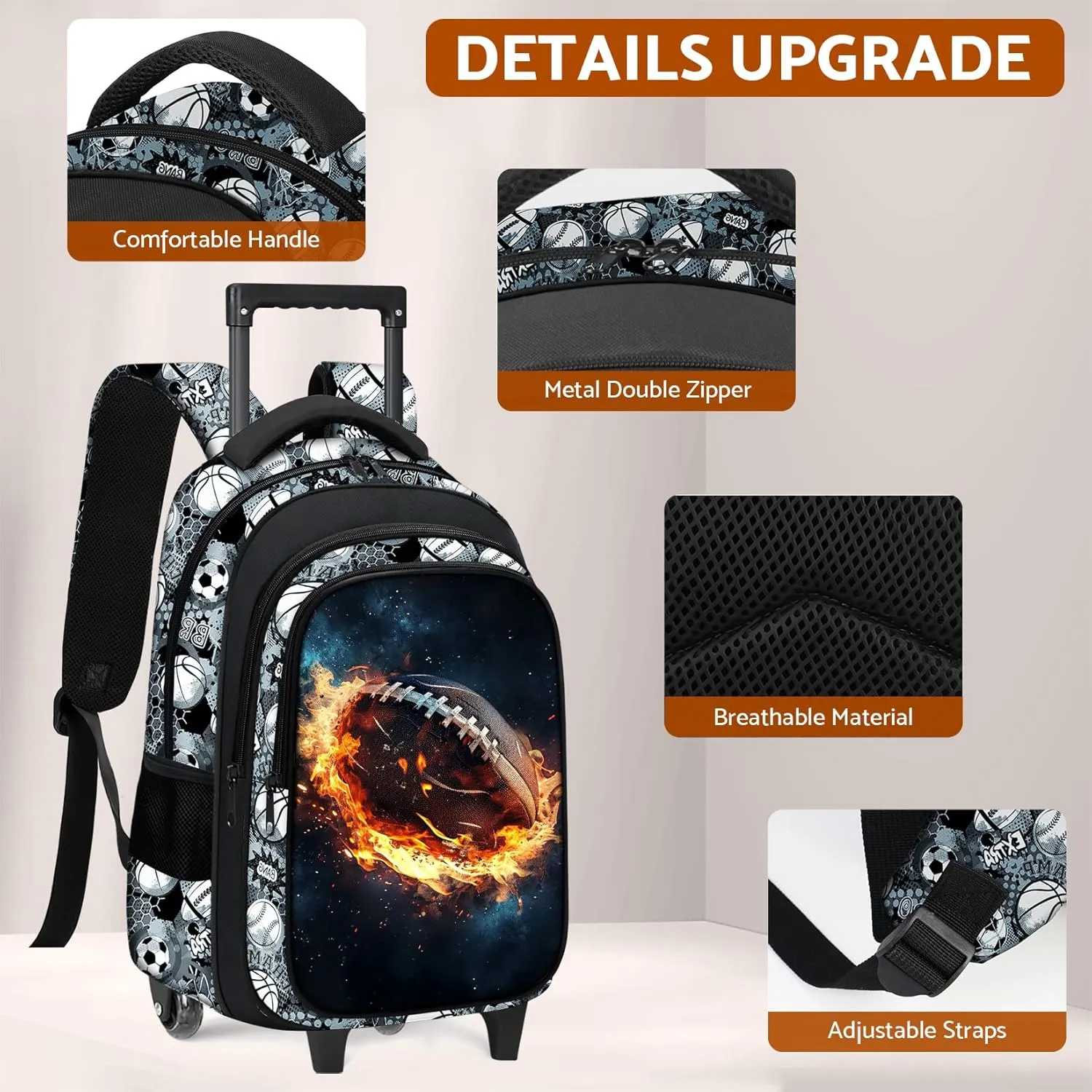 Boys Rolling Backpack for Kids - American Football Kids Rolling Backpack with Wheels for Elementary Middle School Students - Roller School Bookbag Aged 6-18, Wheeled Travel Bag Large Capacity