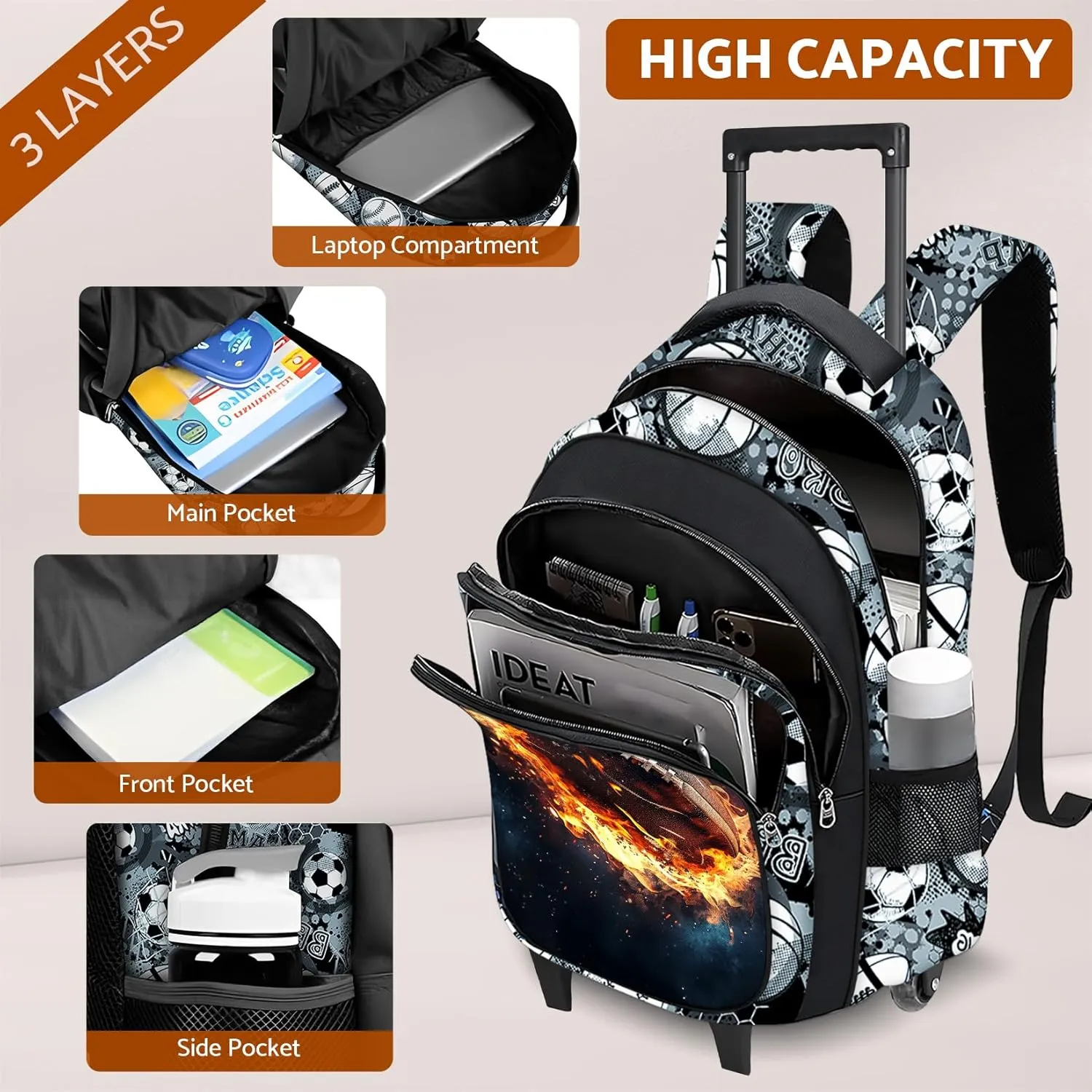 Boys Rolling Backpack for Kids - American Football Kids Rolling Backpack with Wheels for Elementary Middle School Students - Roller School Bookbag Aged 6-18, Wheeled Travel Bag Large Capacity