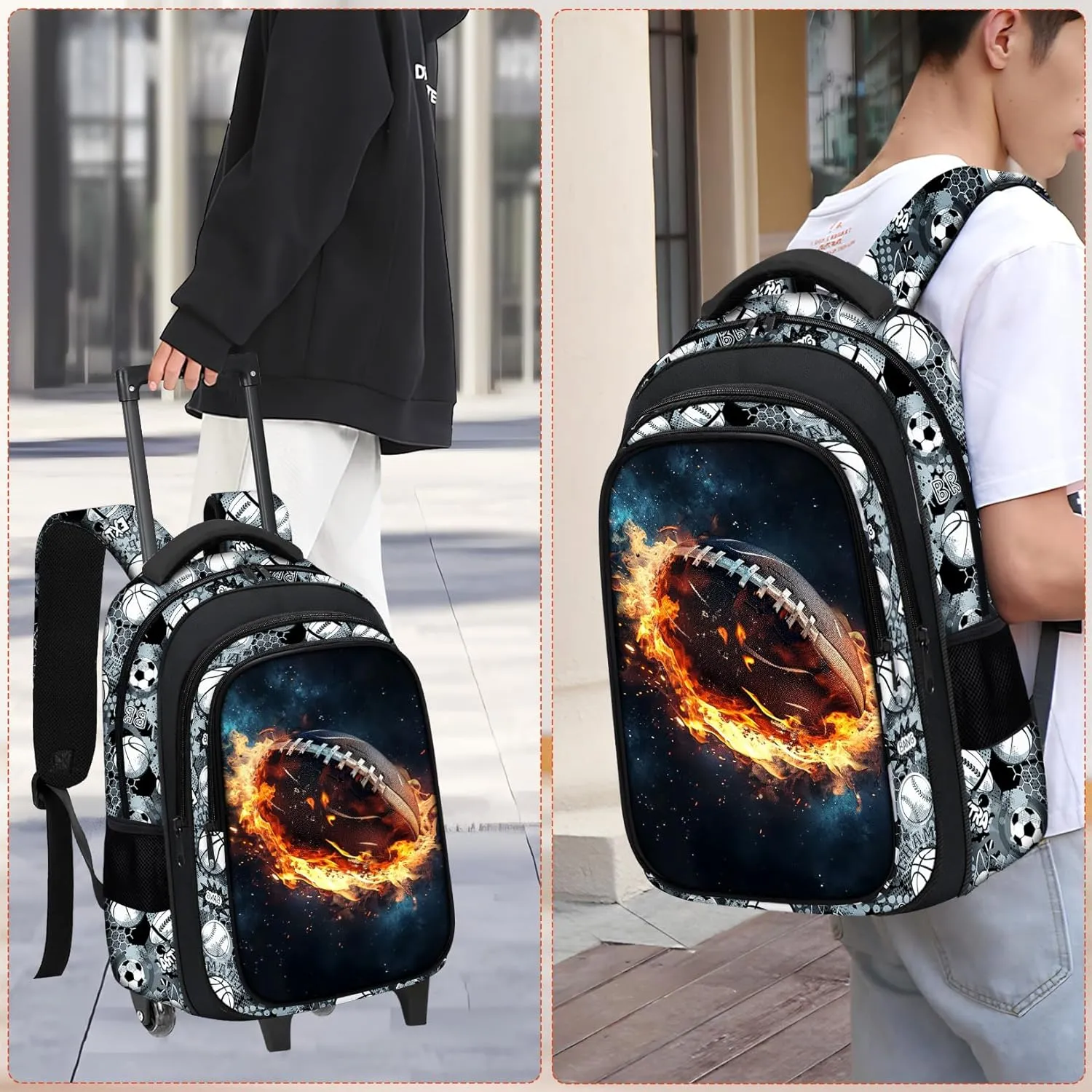 Boys Rolling Backpack for Kids - American Football Kids Rolling Backpack with Wheels for Elementary Middle School Students - Roller School Bookbag Aged 6-18, Wheeled Travel Bag Large Capacity