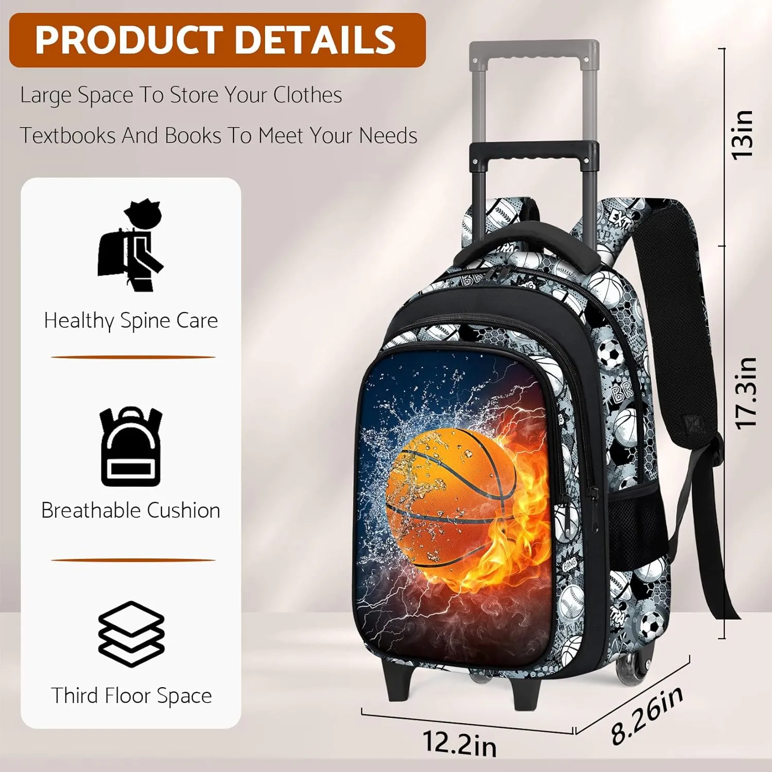 Boys Rolling Backpack for Kids - Basketball Kids Rolling Backpack with Wheels for Elementary Middle School Students - Sport Roller School Bookbag Aged 6-18, Wheeled Travel Bag Large Capacity