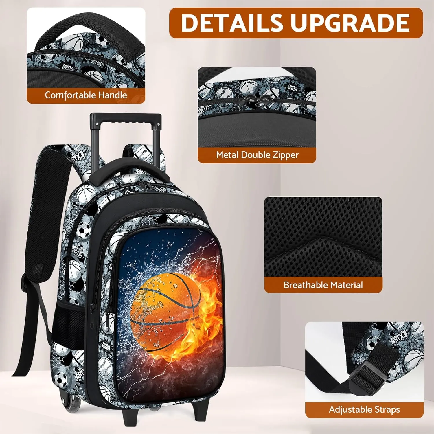Boys Rolling Backpack for Kids - Basketball Kids Rolling Backpack with Wheels for Elementary Middle School Students - Sport Roller School Bookbag Aged 6-18, Wheeled Travel Bag Large Capacity