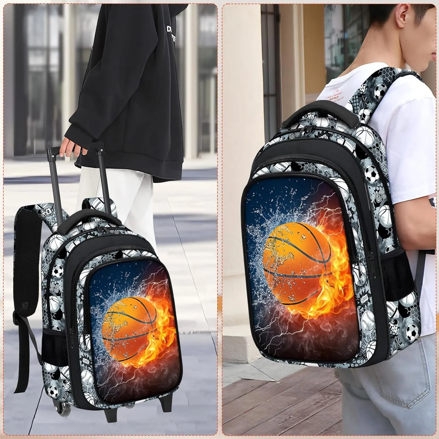 Boys Rolling Backpack for Kids - Basketball Kids Rolling Backpack with Wheels for Elementary Middle School Students - Sport Roller School Bookbag Aged 6-18, Wheeled Travel Bag Large Capacity