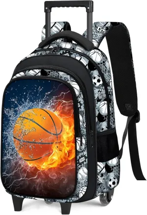 Boys Rolling Backpack for Kids - Basketball Kids Rolling Backpack with Wheels for Elementary Middle School Students - Sport Roller School Bookbag Aged 6-18, Wheeled Travel Bag Large Capacity