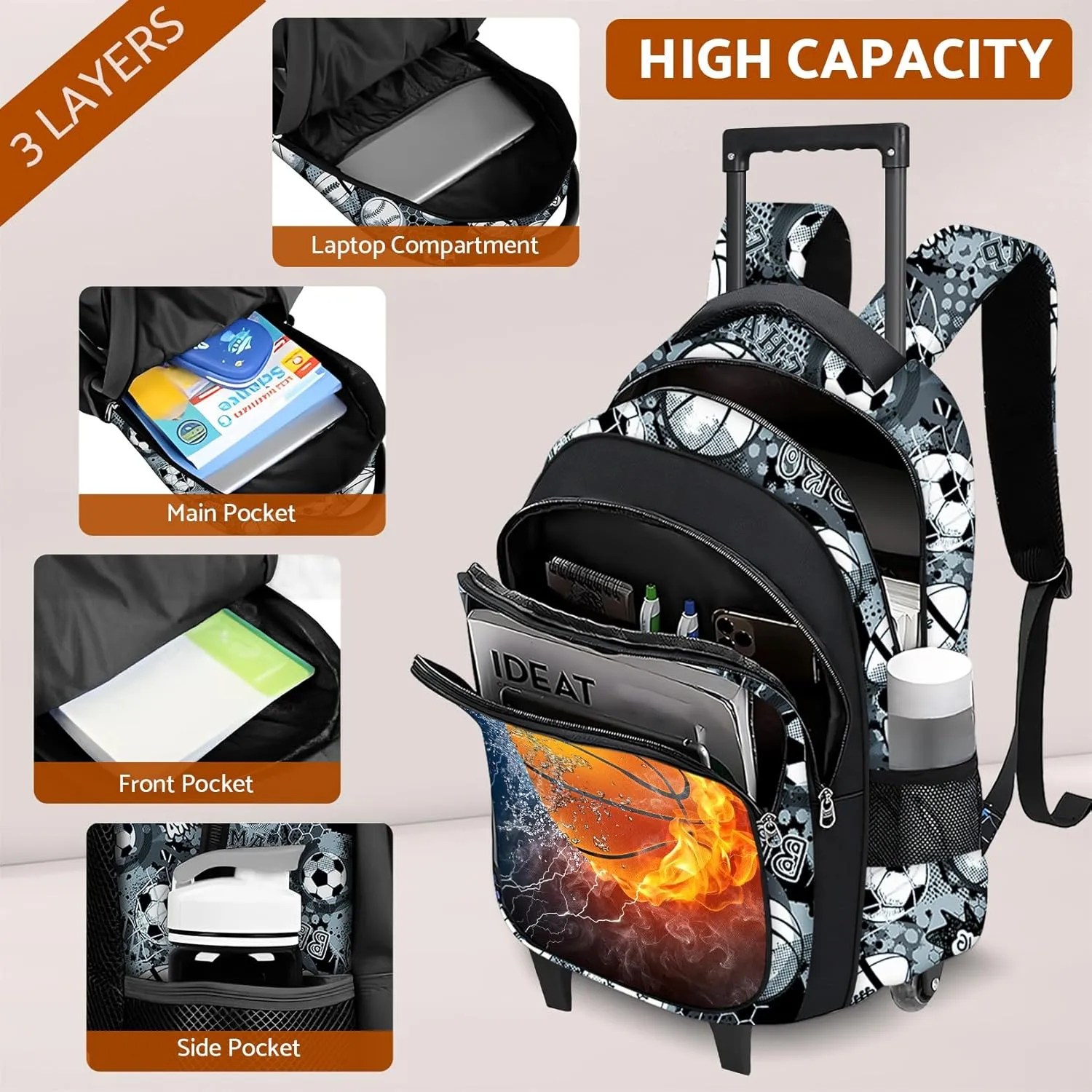 Boys Rolling Backpack for Kids - Basketball Kids Rolling Backpack with Wheels for Elementary Middle School Students - Sport Roller School Bookbag Aged 6-18, Wheeled Travel Bag Large Capacity