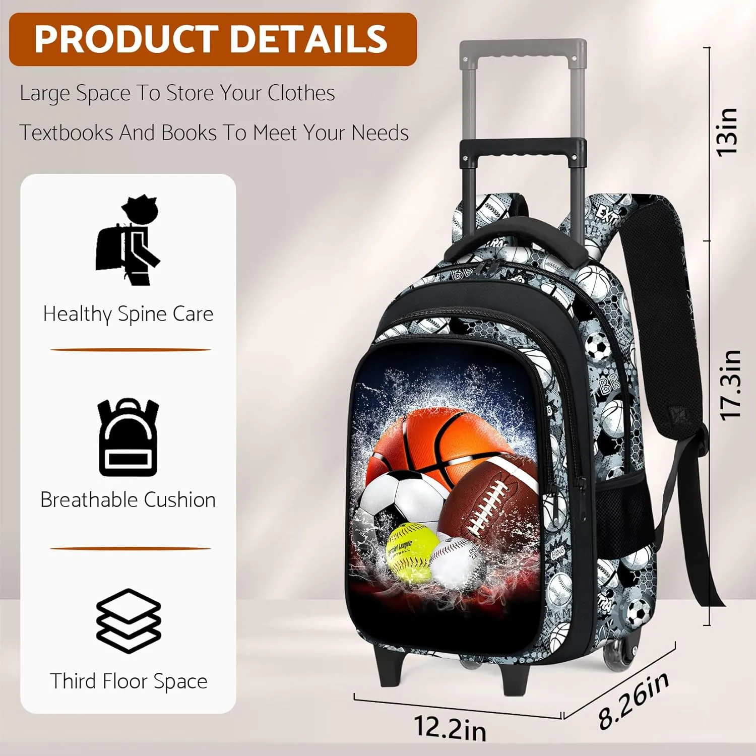 Boys Rolling Backpack for Kids - Sport Kids Rolling Backpack with Wheels for Elementary Middle School Students - Roller School Bookbag Aged 6-18, Wheeled Travel Bag Large Capacity