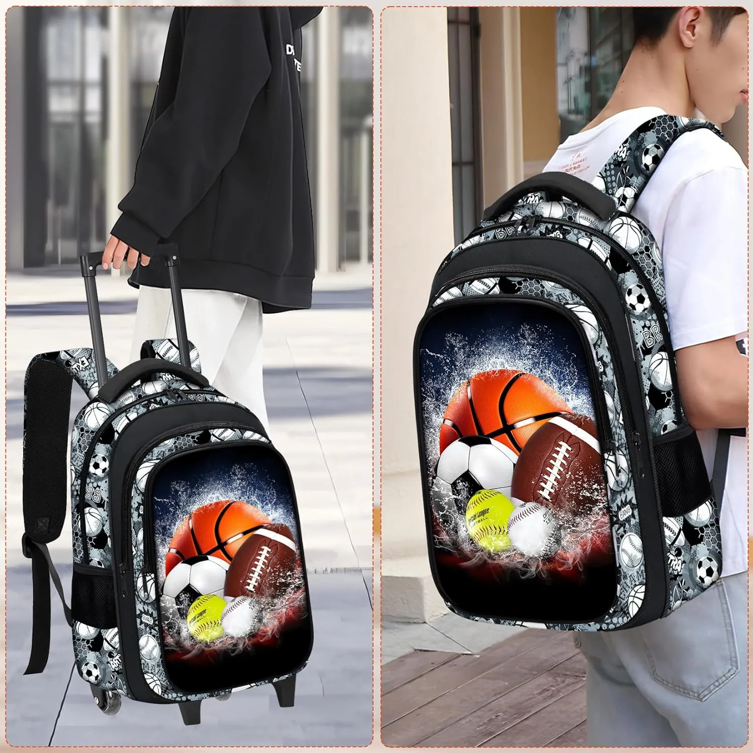 Boys Rolling Backpack for Kids - Sport Kids Rolling Backpack with Wheels for Elementary Middle School Students - Roller School Bookbag Aged 6-18, Wheeled Travel Bag Large Capacity