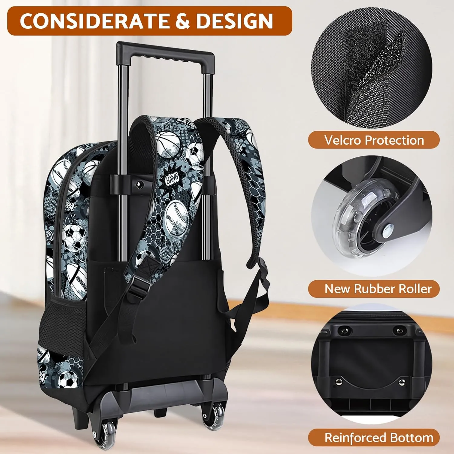 Boys Rolling Backpack for Kids - Sport Kids Rolling Backpack with Wheels for Elementary Middle School Students - Roller School Bookbag Aged 6-18, Wheeled Travel Bag Large Capacity