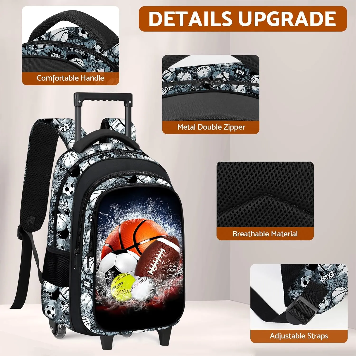Boys Rolling Backpack for Kids - Sport Kids Rolling Backpack with Wheels for Elementary Middle School Students - Roller School Bookbag Aged 6-18, Wheeled Travel Bag Large Capacity