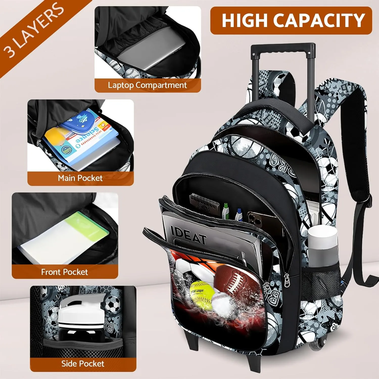 Boys Rolling Backpack for Kids - Sport Kids Rolling Backpack with Wheels for Elementary Middle School Students - Roller School Bookbag Aged 6-18, Wheeled Travel Bag Large Capacity