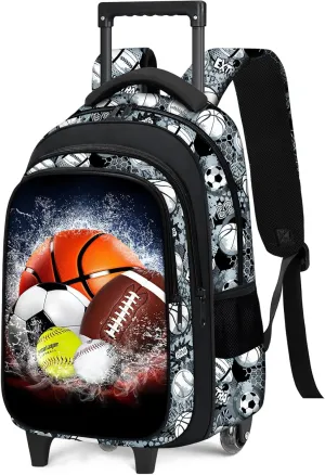 Boys Rolling Backpack for Kids - Sport Kids Rolling Backpack with Wheels for Elementary Middle School Students - Roller School Bookbag Aged 6-18, Wheeled Travel Bag Large Capacity