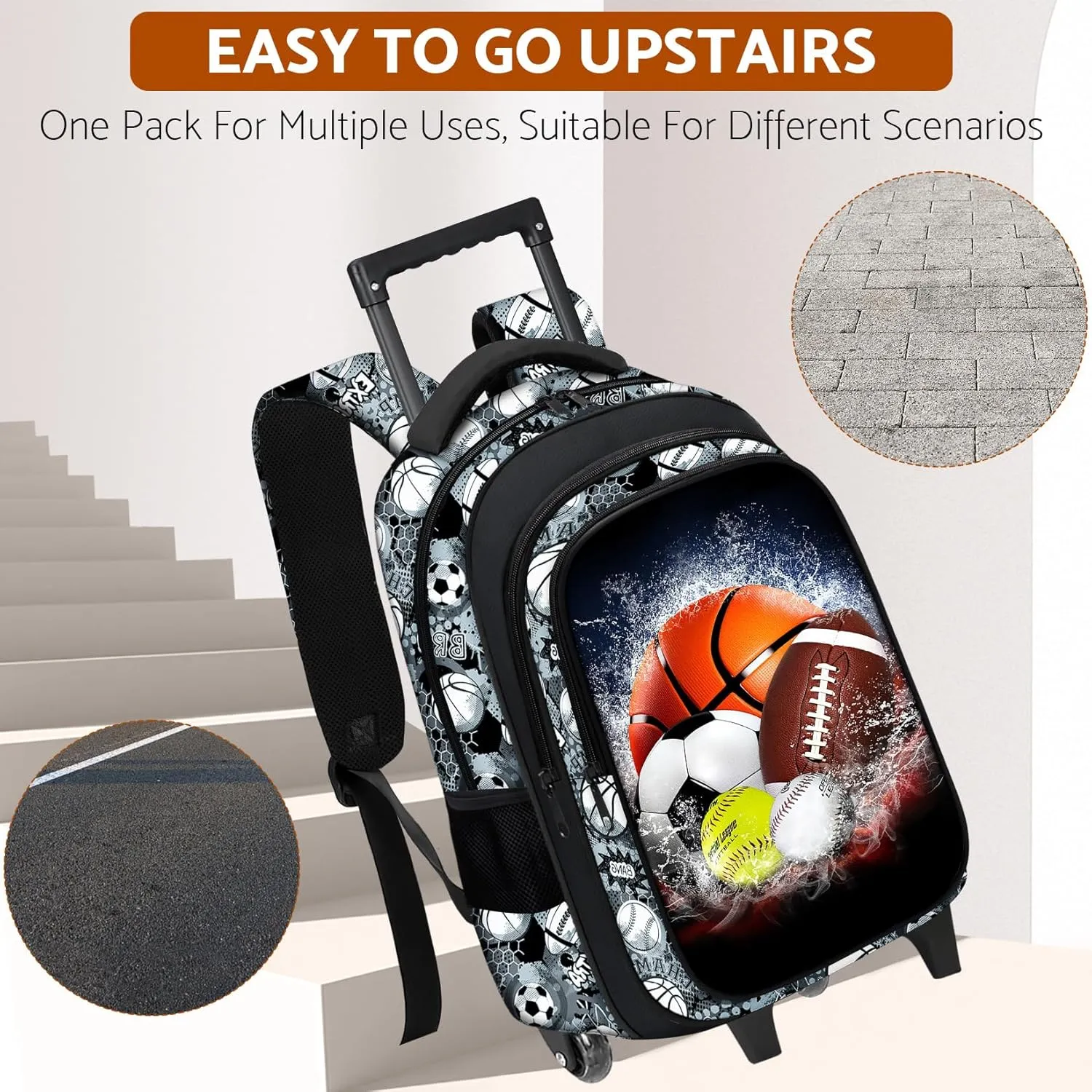Boys Rolling Backpack for Kids - Sport Kids Rolling Backpack with Wheels for Elementary Middle School Students - Roller School Bookbag Aged 6-18, Wheeled Travel Bag Large Capacity