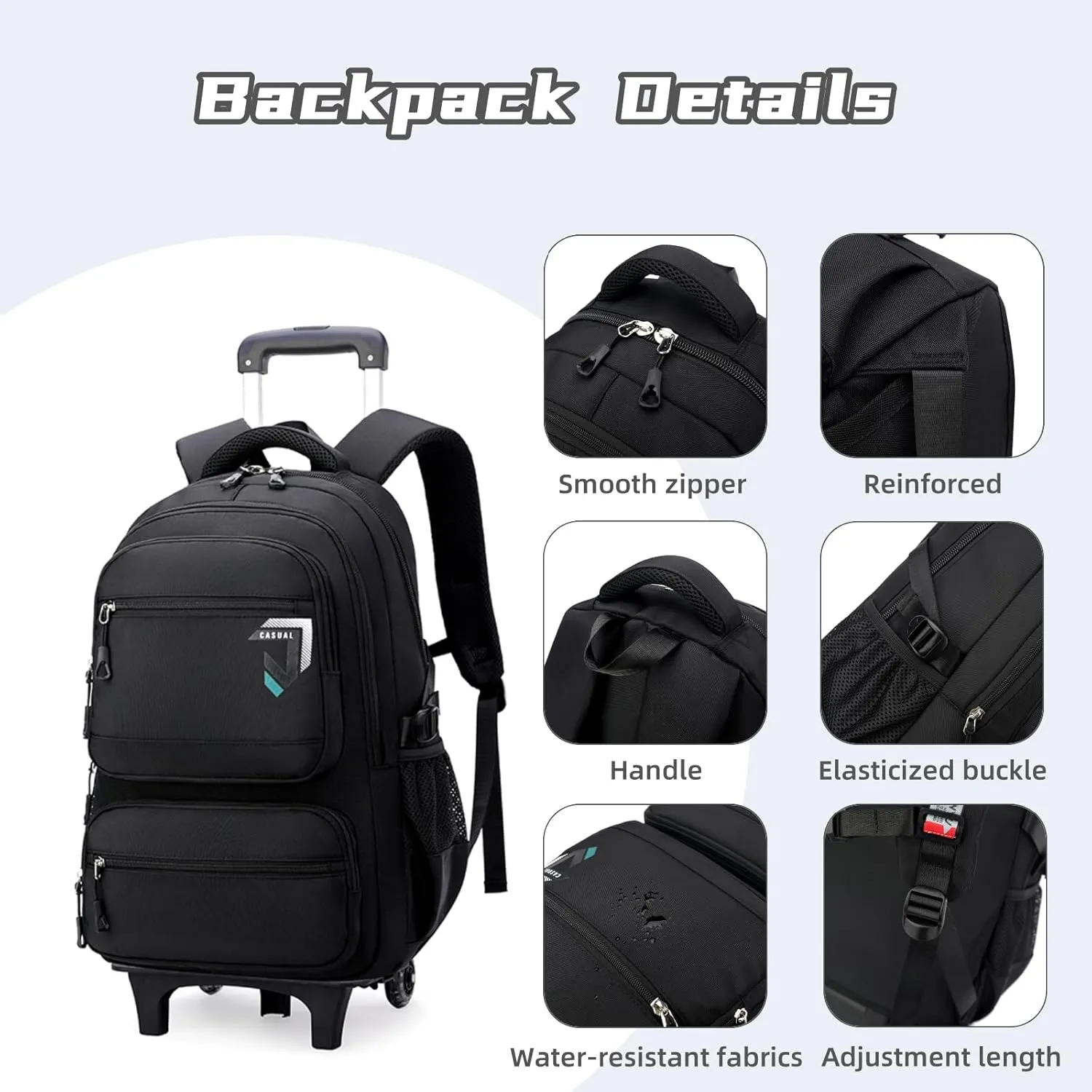 Boys Rolling Backpack, Kids Bookbag with Wheels,Kids Luggage on Wheels,Elementary School Black Trolley Back Pack