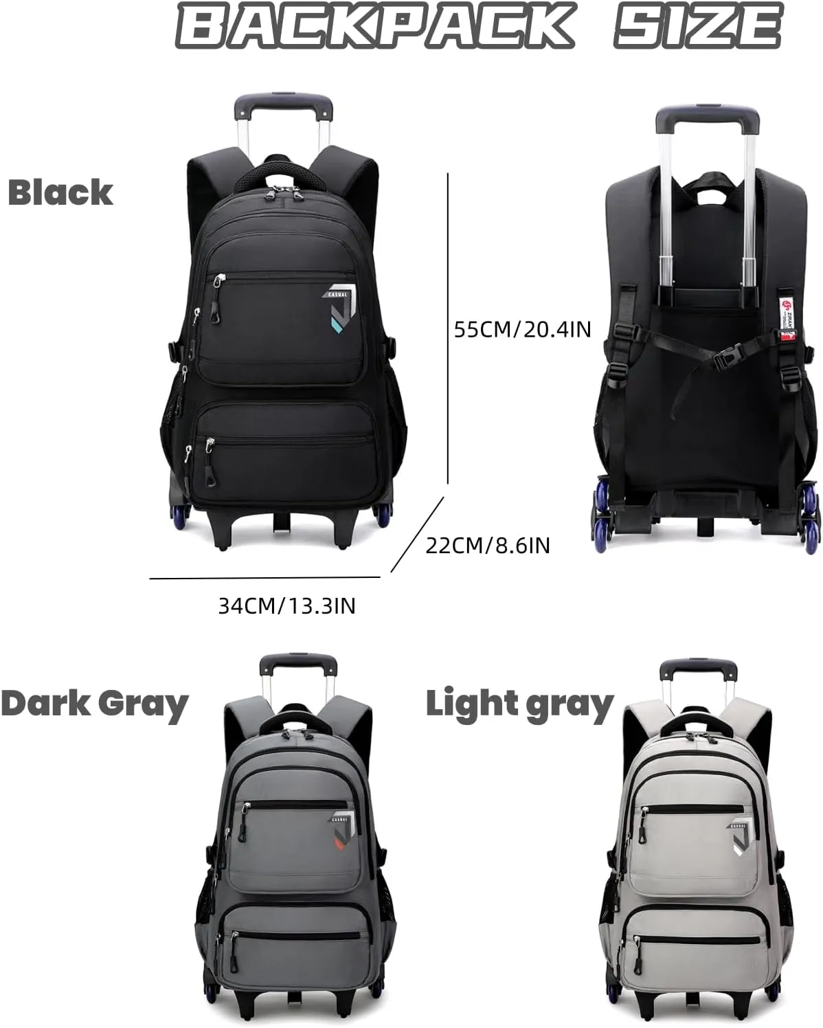Boys Rolling Backpack, Kids Bookbag with Wheels,Kids Luggage on Wheels,Elementary School Black Trolley Back Pack