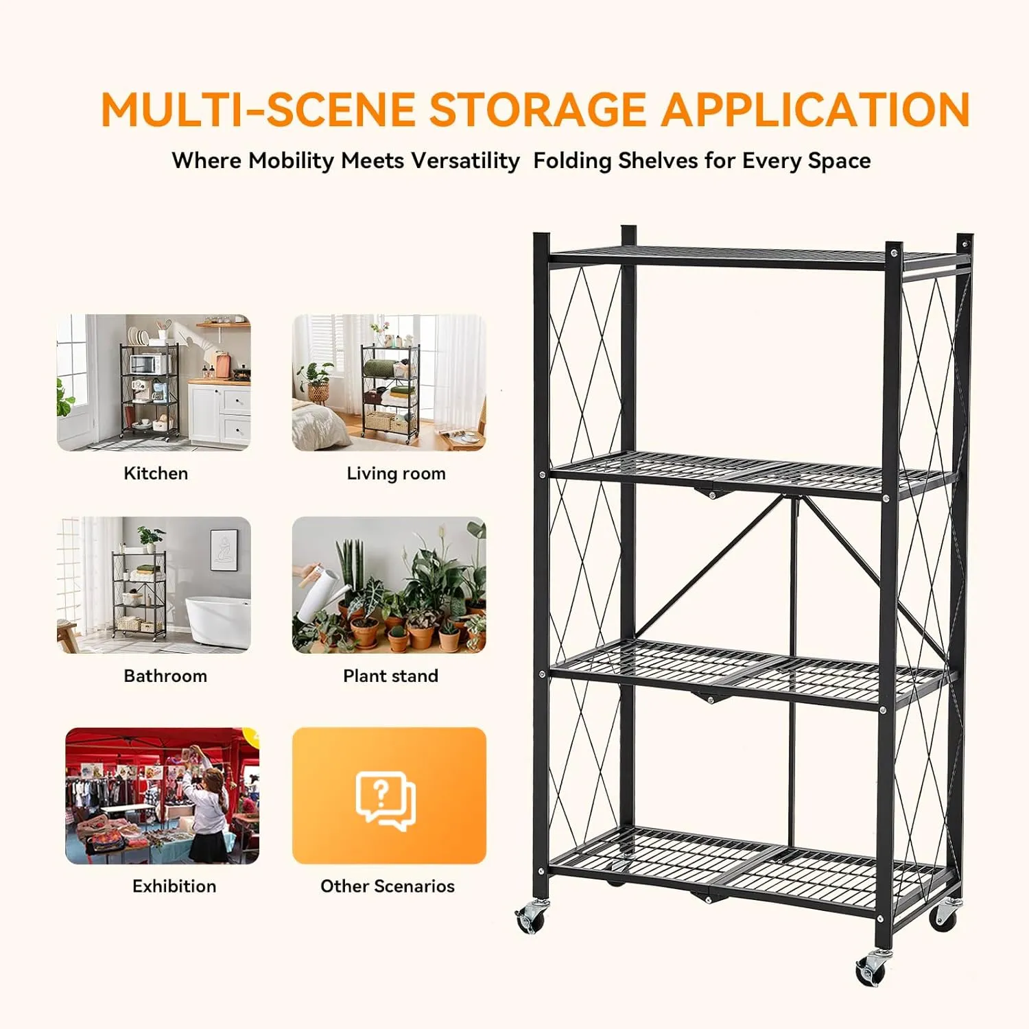 BRIAN & DANY Folding Shelf, Storage Racks and Shelving Units on Wheels, Metal Foldable Storage Shelves No Assembly for Garage, Kitchen(4 Tier)