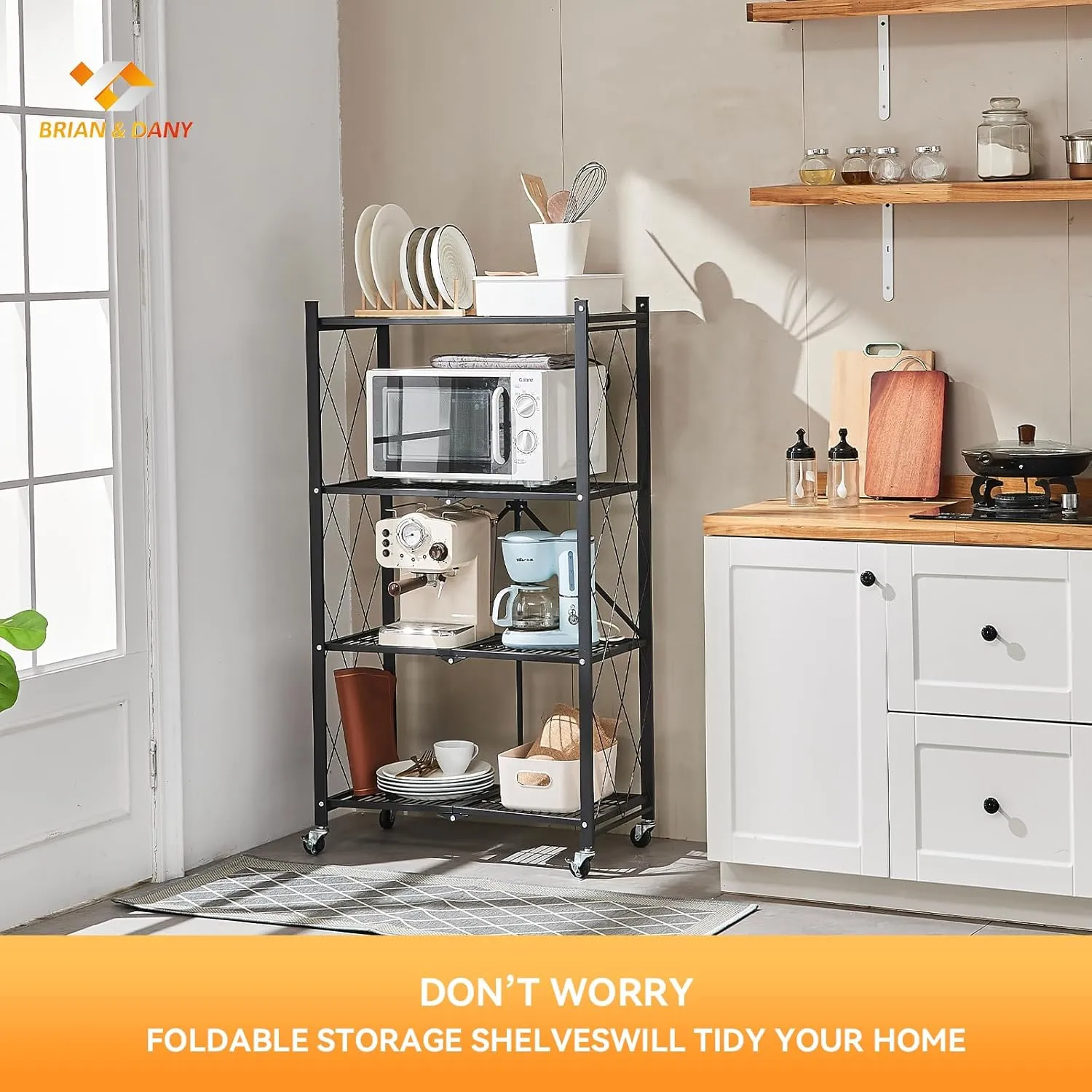 BRIAN & DANY Folding Shelf, Storage Racks and Shelving Units on Wheels, Metal Foldable Storage Shelves No Assembly for Garage, Kitchen(4 Tier)