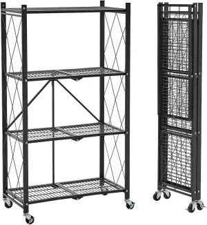 BRIAN & DANY Folding Shelf, Storage Racks and Shelving Units on Wheels, Metal Foldable Storage Shelves No Assembly for Garage, Kitchen(4 Tier)
