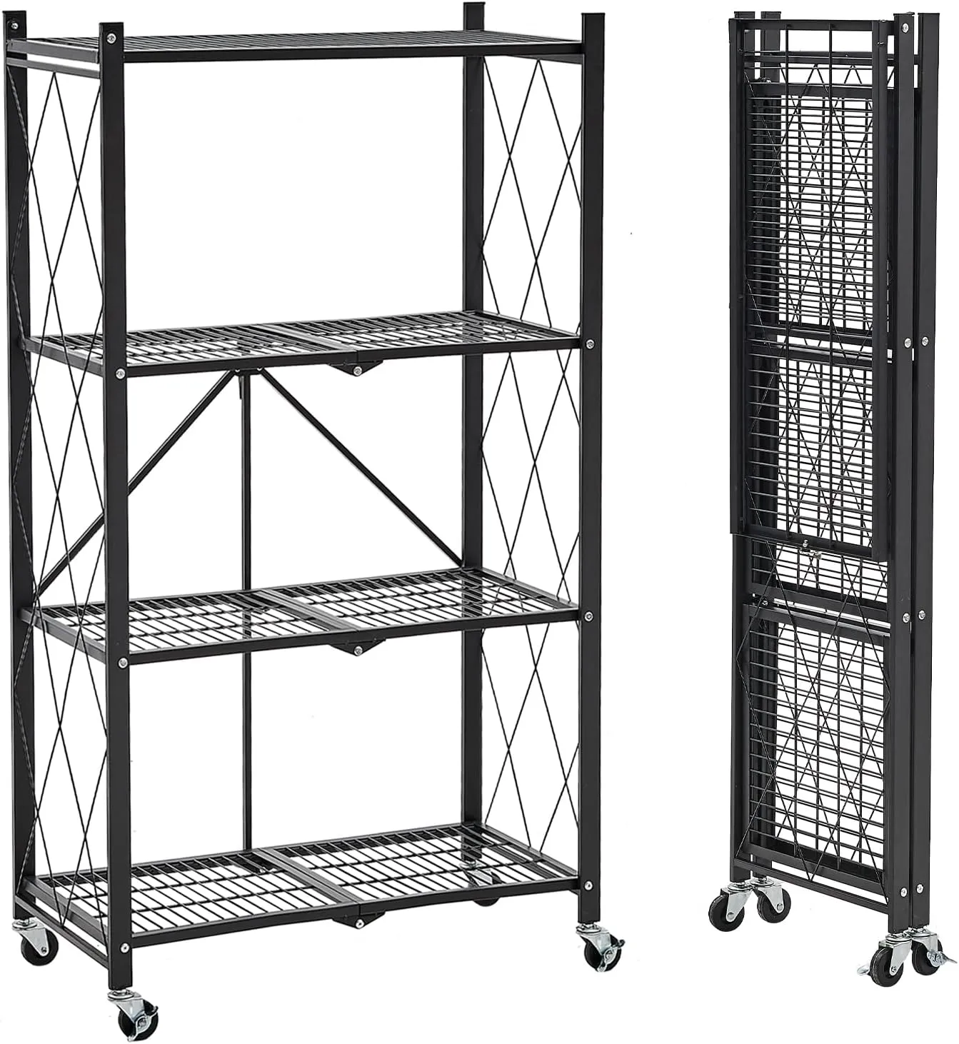 BRIAN & DANY Folding Shelf, Storage Racks and Shelving Units on Wheels, Metal Foldable Storage Shelves No Assembly for Garage, Kitchen(4 Tier)