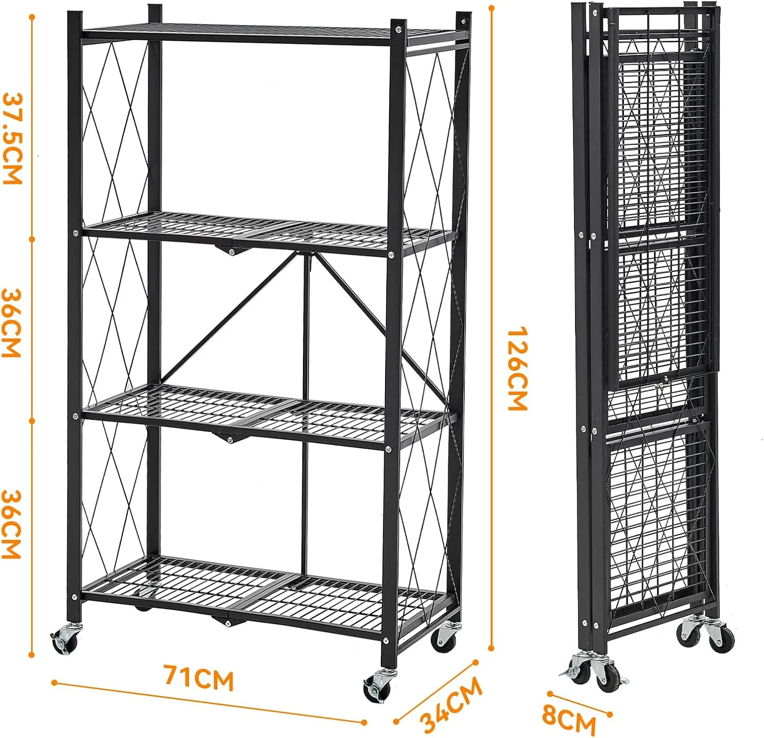 BRIAN & DANY Folding Shelf, Storage Racks and Shelving Units on Wheels, Metal Foldable Storage Shelves No Assembly for Garage, Kitchen(4 Tier)
