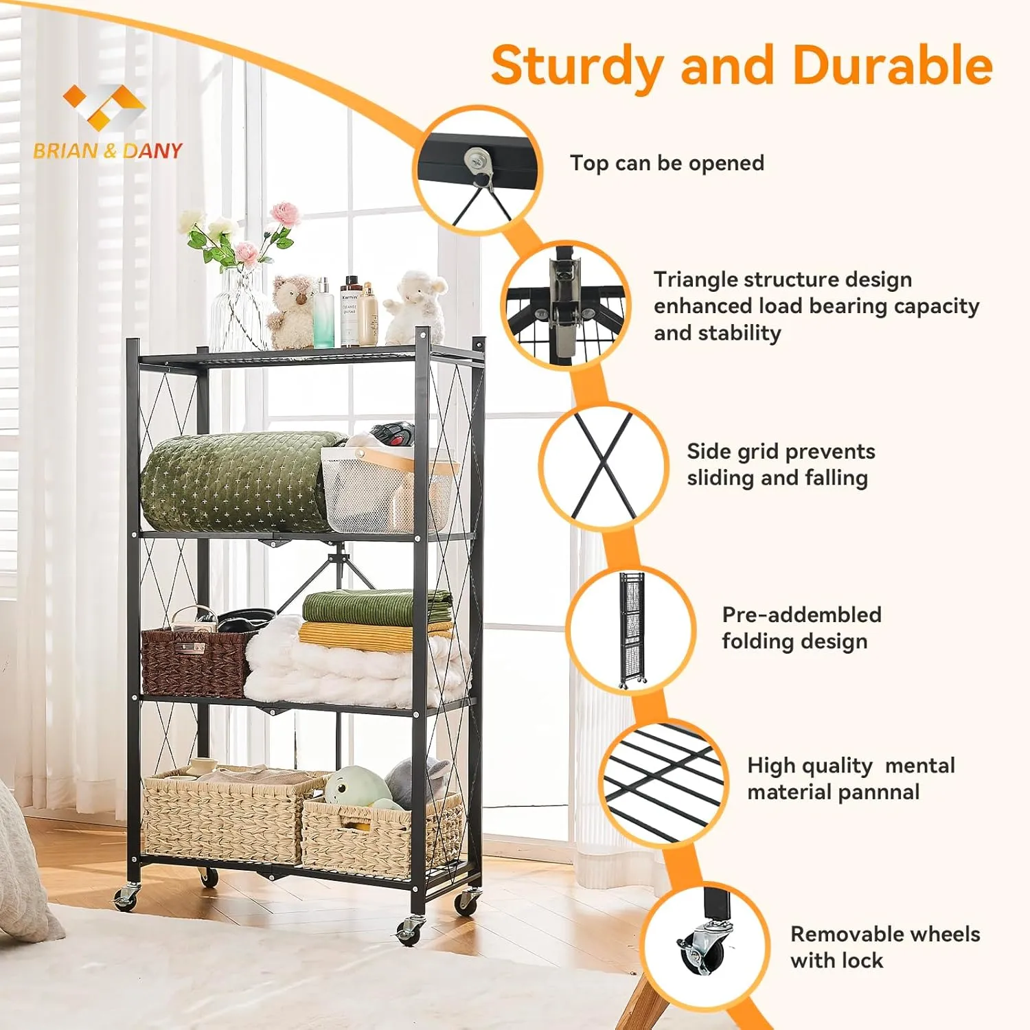 BRIAN & DANY Folding Shelf, Storage Racks and Shelving Units on Wheels, Metal Foldable Storage Shelves No Assembly for Garage, Kitchen(4 Tier)