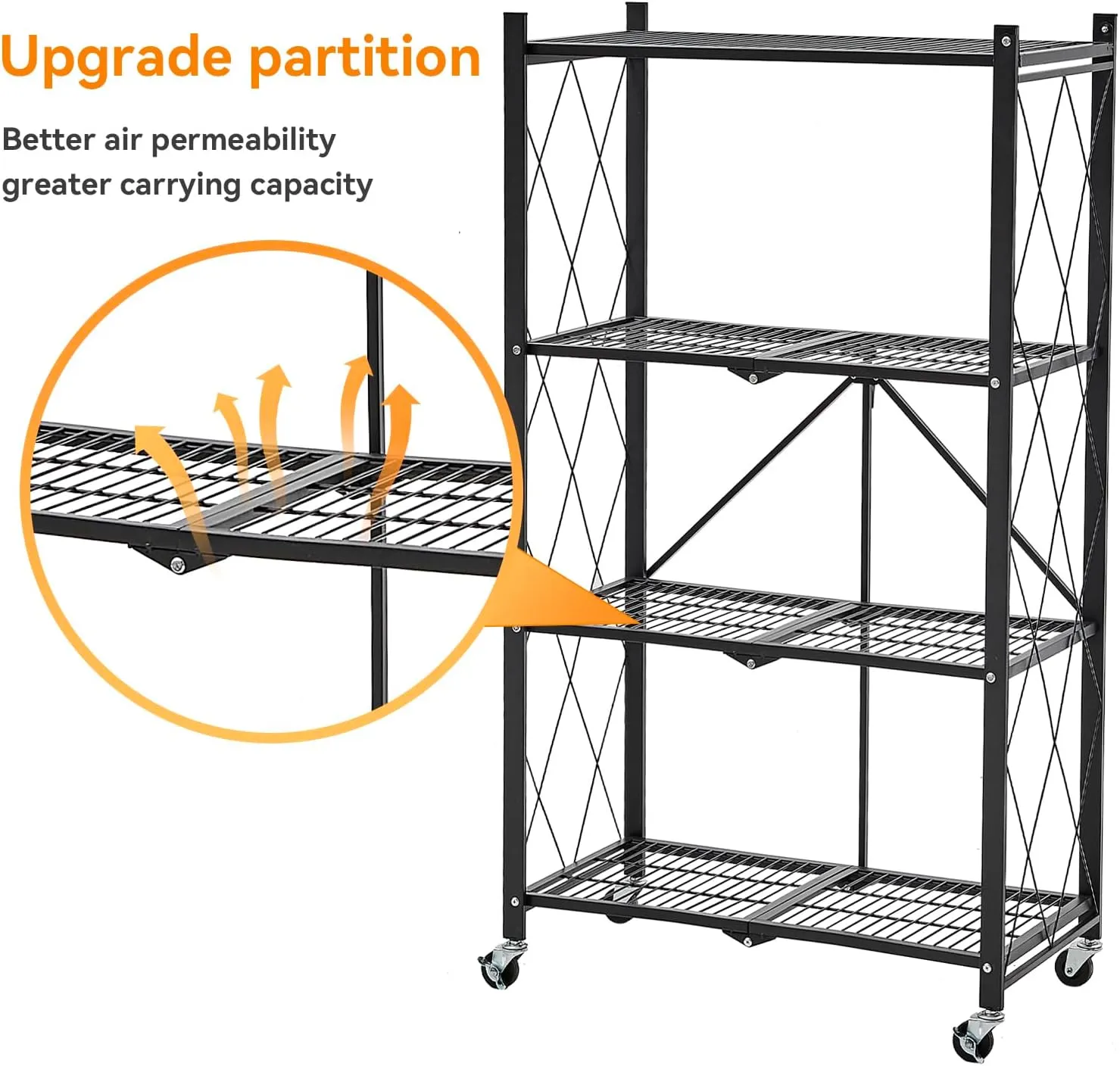BRIAN & DANY Folding Shelf, Storage Racks and Shelving Units on Wheels, Metal Foldable Storage Shelves No Assembly for Garage, Kitchen(4 Tier)