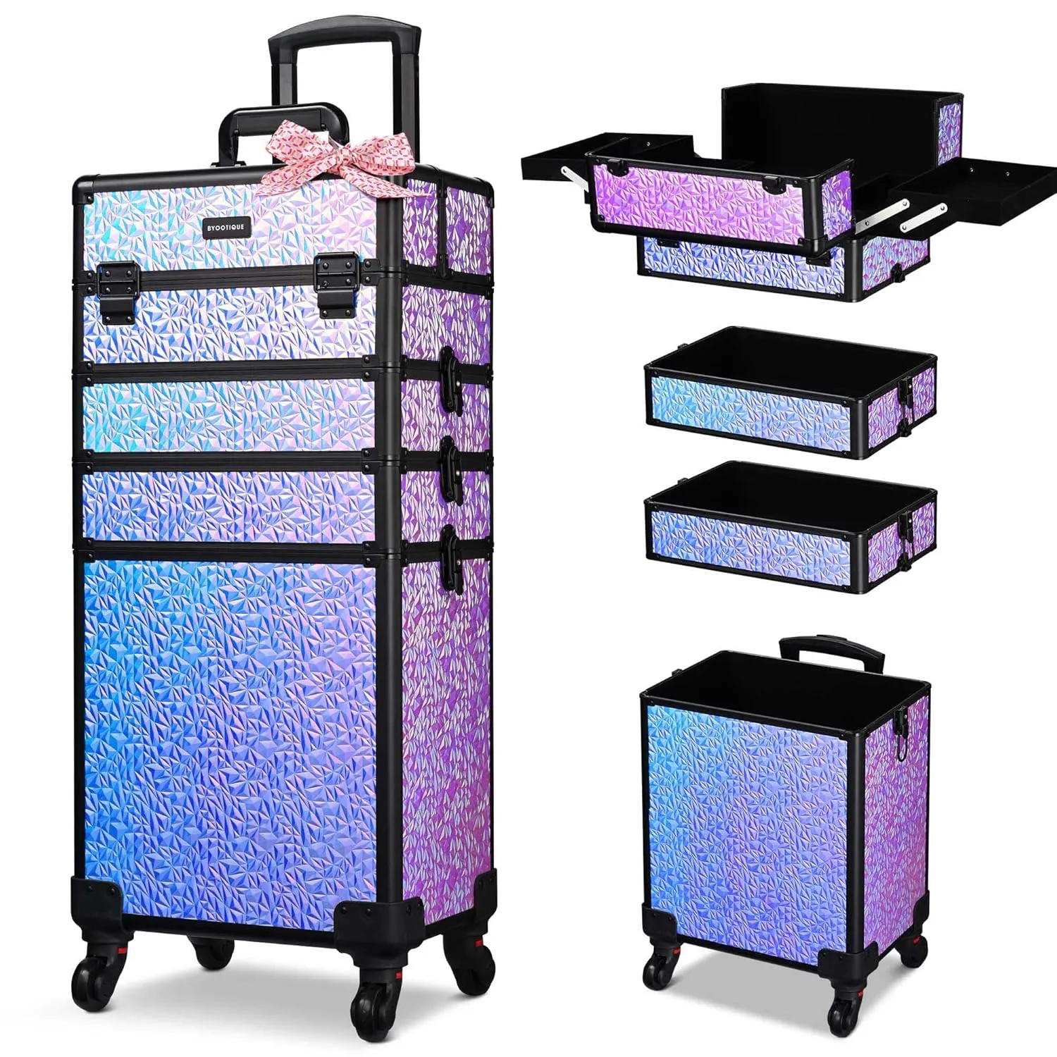 BYOOTIQUE Rolling Makeup Train Case on Wheels 4in1 Cosmetology Profesional Travel Cosmetic Bag Lockable Organizer Box for Hairstylist Artist Nail Beauty Salon Barber,Mermaid Purple