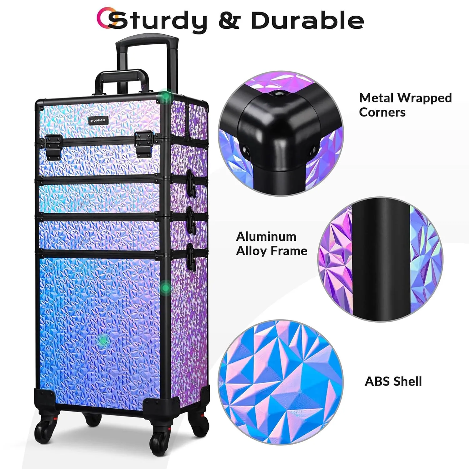 BYOOTIQUE Rolling Makeup Train Case on Wheels 4in1 Cosmetology Profesional Travel Cosmetic Bag Lockable Organizer Box for Hairstylist Artist Nail Beauty Salon Barber,Mermaid Purple