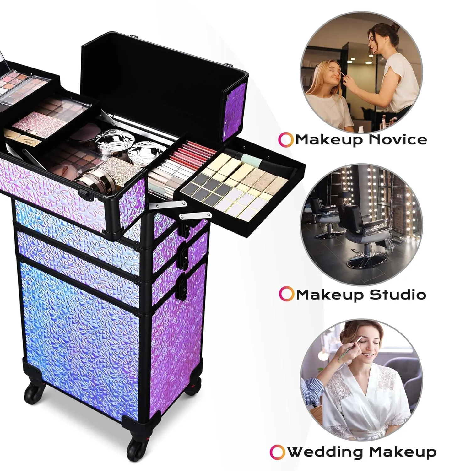 BYOOTIQUE Rolling Makeup Train Case on Wheels 4in1 Cosmetology Profesional Travel Cosmetic Bag Lockable Organizer Box for Hairstylist Artist Nail Beauty Salon Barber,Mermaid Purple