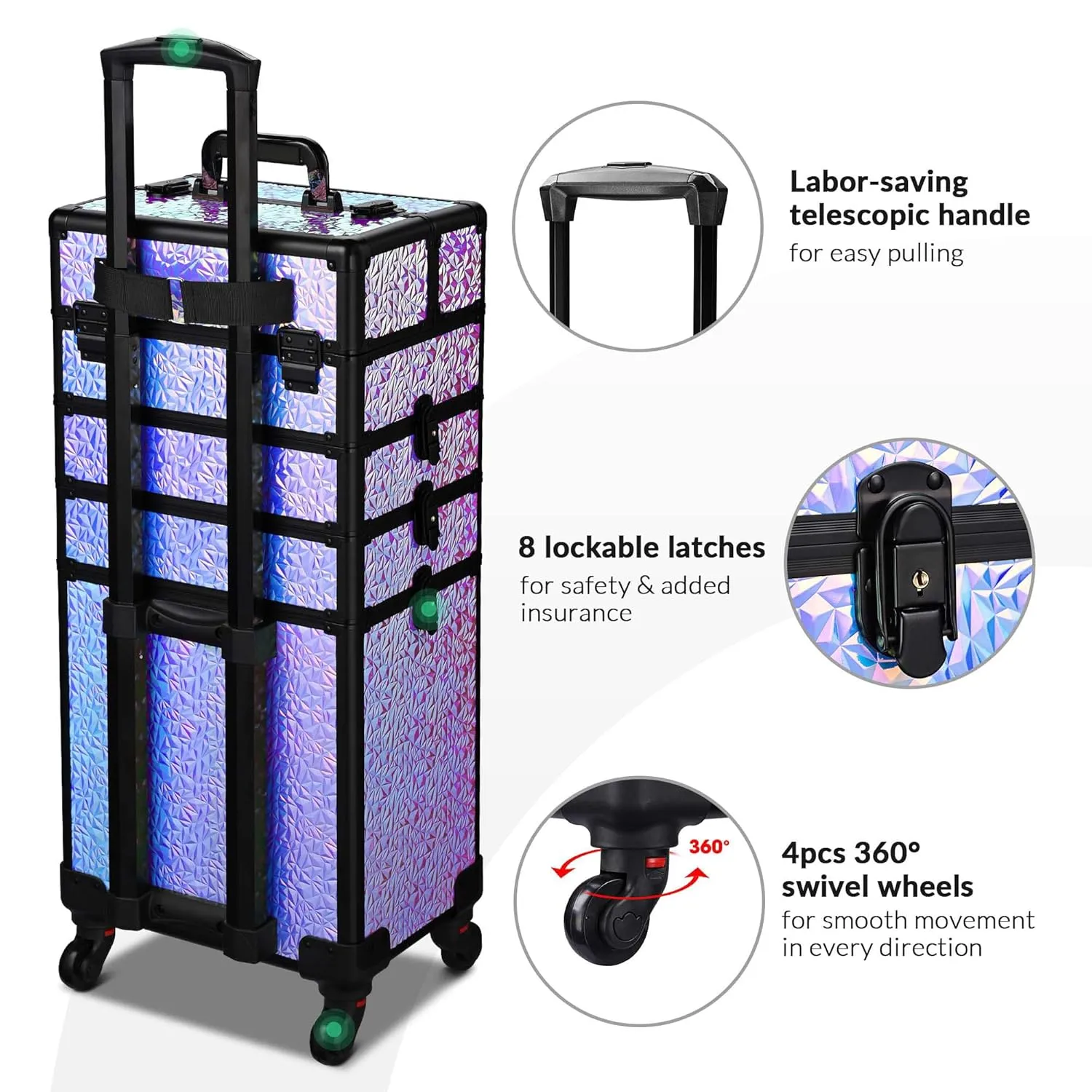 BYOOTIQUE Rolling Makeup Train Case on Wheels 4in1 Cosmetology Profesional Travel Cosmetic Bag Lockable Organizer Box for Hairstylist Artist Nail Beauty Salon Barber,Mermaid Purple