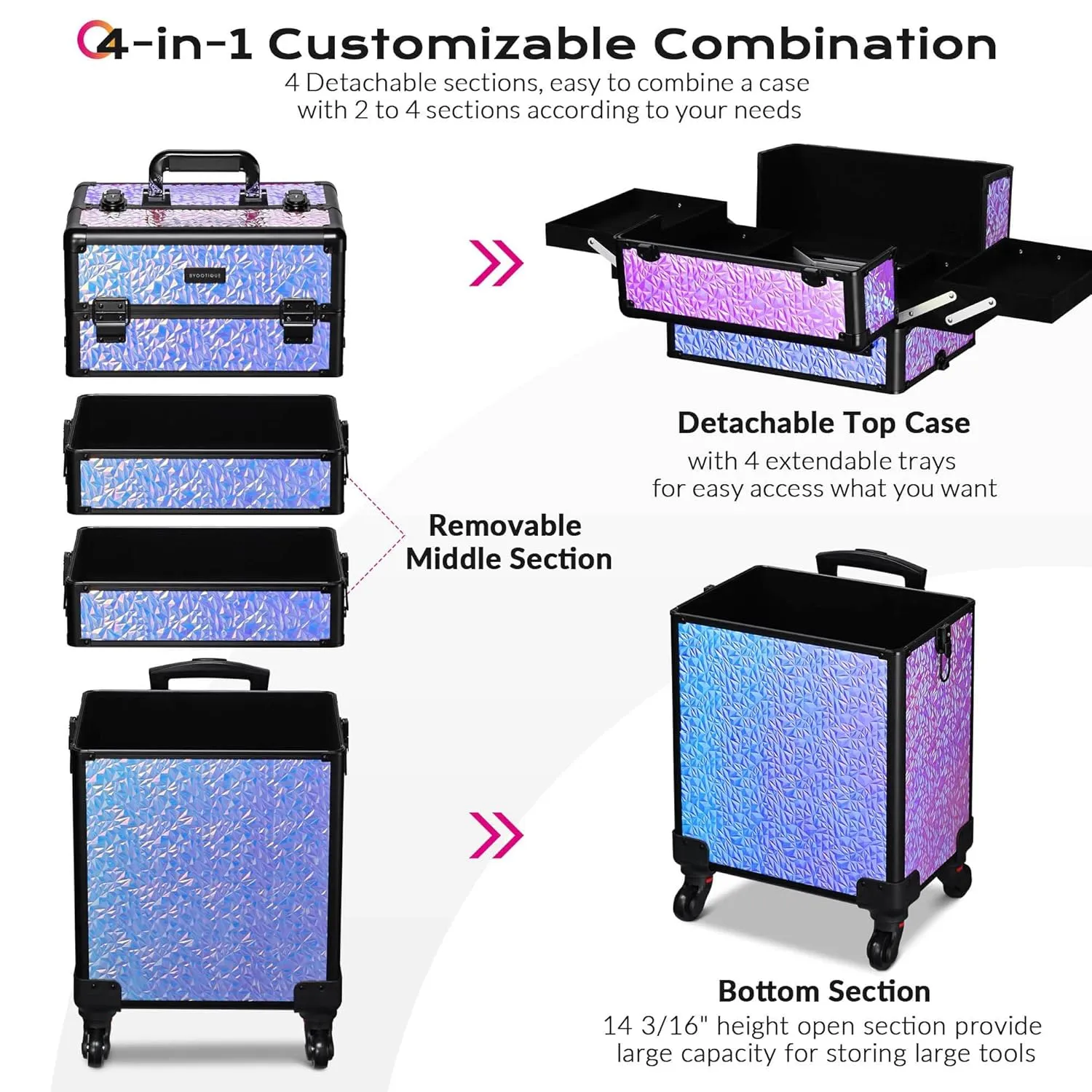 BYOOTIQUE Rolling Makeup Train Case on Wheels 4in1 Cosmetology Profesional Travel Cosmetic Bag Lockable Organizer Box for Hairstylist Artist Nail Beauty Salon Barber,Mermaid Purple