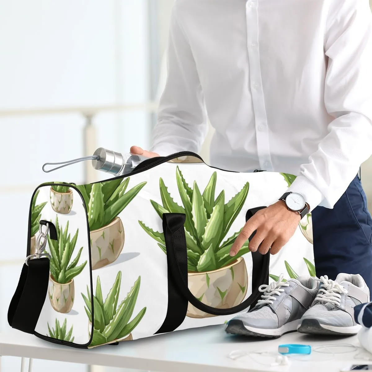 Cactus Aloe Vera Travel Duffle Bag for Women Men Gym Duffel Foldable Bag Waterproof Weekender Succulent Plant Duffle Tote