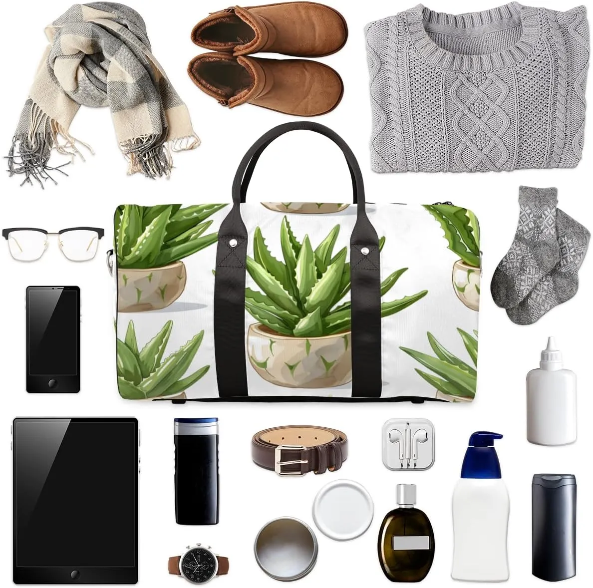 Cactus Aloe Vera Travel Duffle Bag for Women Men Gym Duffel Foldable Bag Waterproof Weekender Succulent Plant Duffle Tote