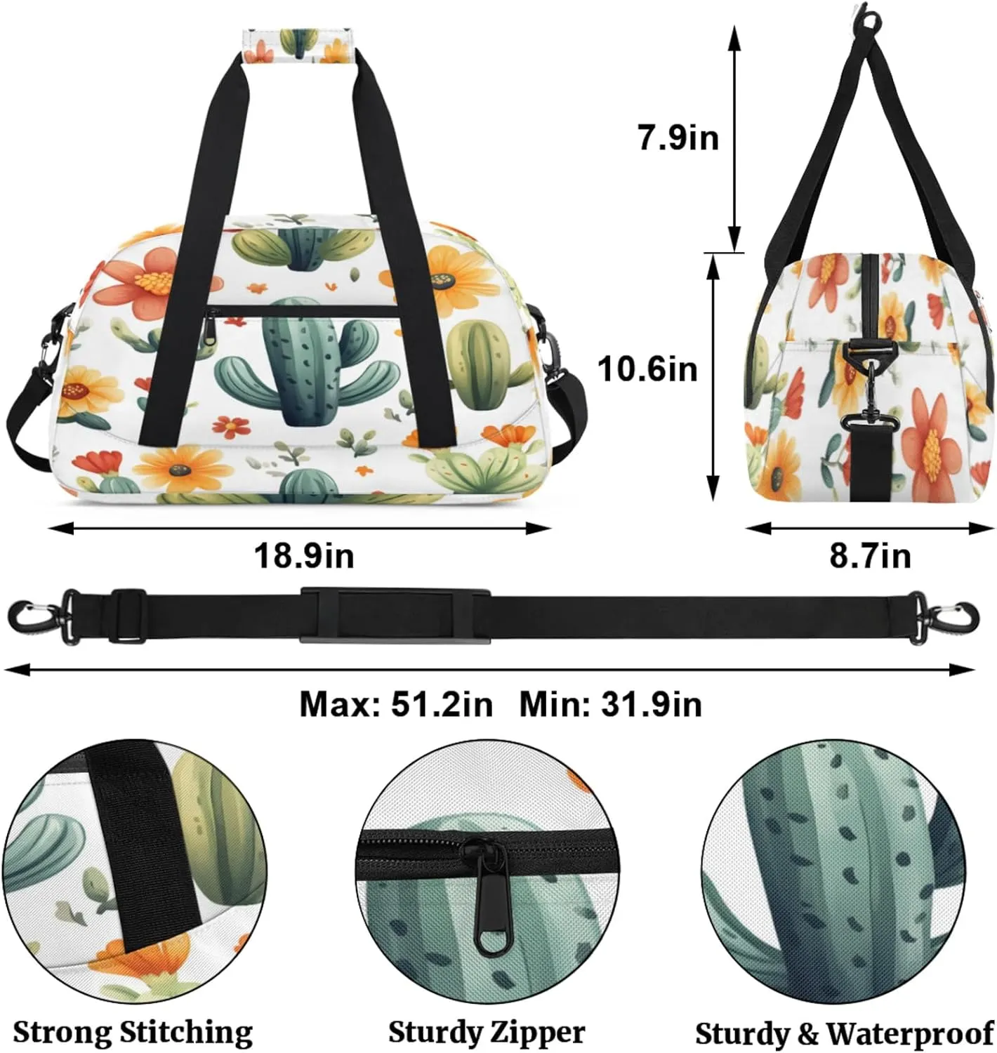 Cactus Small Gym Bag for Women Men, Tropical Plant Travel Duffle Bag Workout Dance Tote Bag Carry On Overnight Weekender Bag