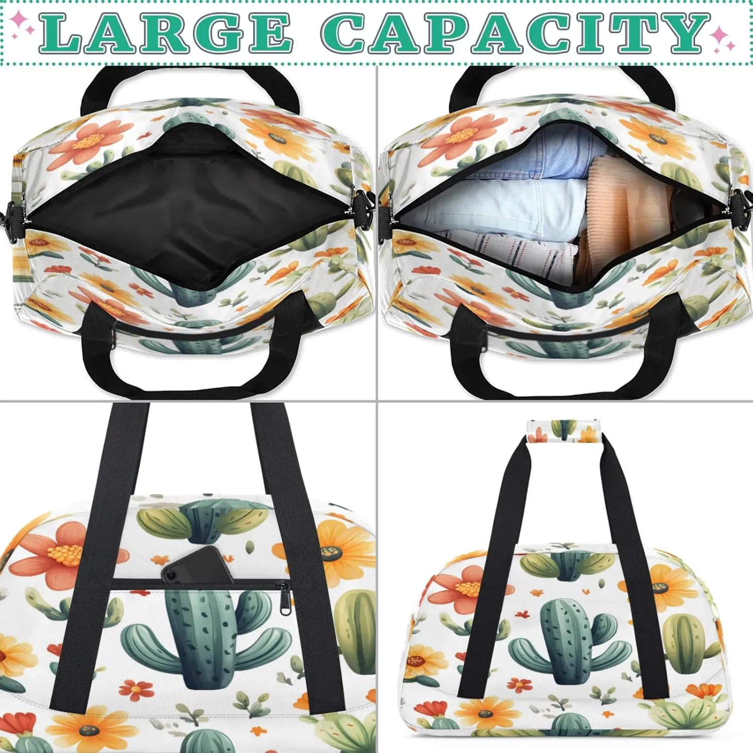 Cactus Small Gym Bag for Women Men, Tropical Plant Travel Duffle Bag Workout Dance Tote Bag Carry On Overnight Weekender Bag