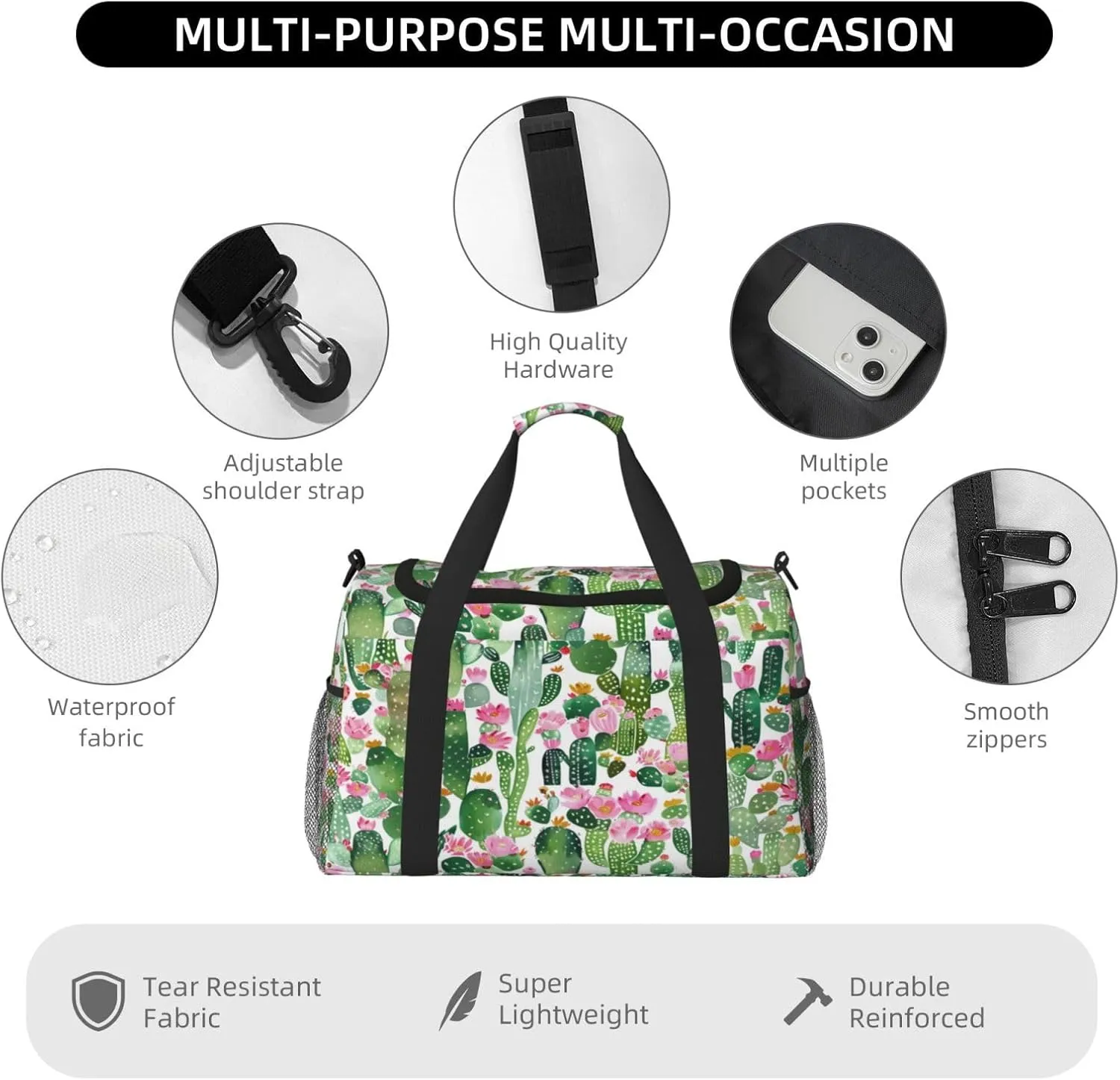 Cactus Succulent Watercolor Tropical Plant Travel Weekender Overnight Bags Foldable Hand Travel Bag Sport Gym Duffel Bag For Men Women