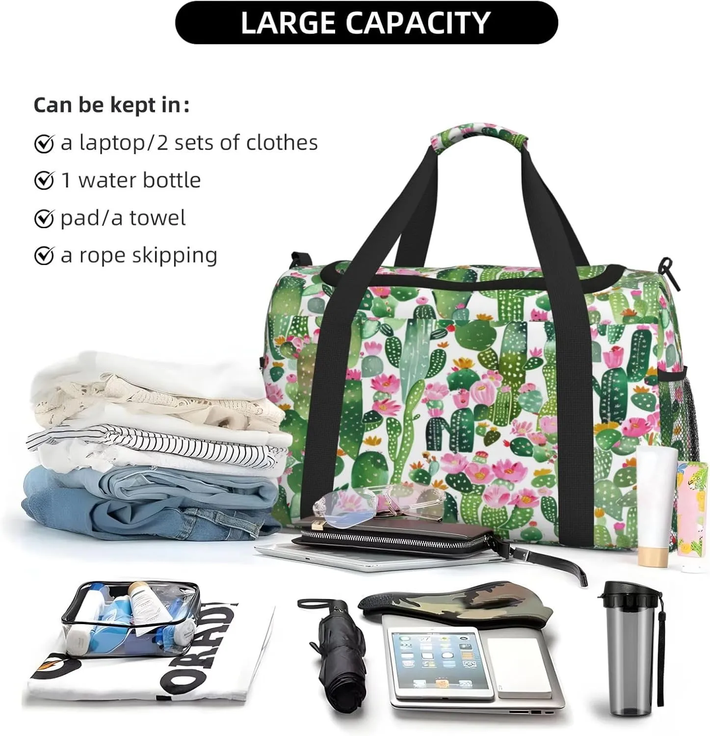 Cactus Succulent Watercolor Tropical Plant Travel Weekender Overnight Bags Foldable Hand Travel Bag Sport Gym Duffel Bag For Men Women