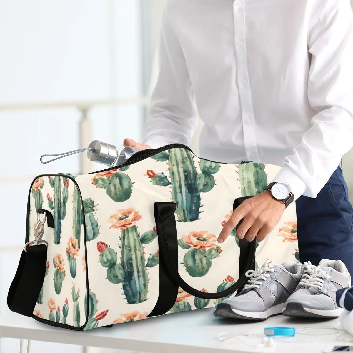 Cactus Travel Duffle Bag, Sports Gym Bags for Women Men, Carry On Weekender Overnight Bag, Tropical Plant Succulent Cacti Workout Hospital Airplane Trips Bag