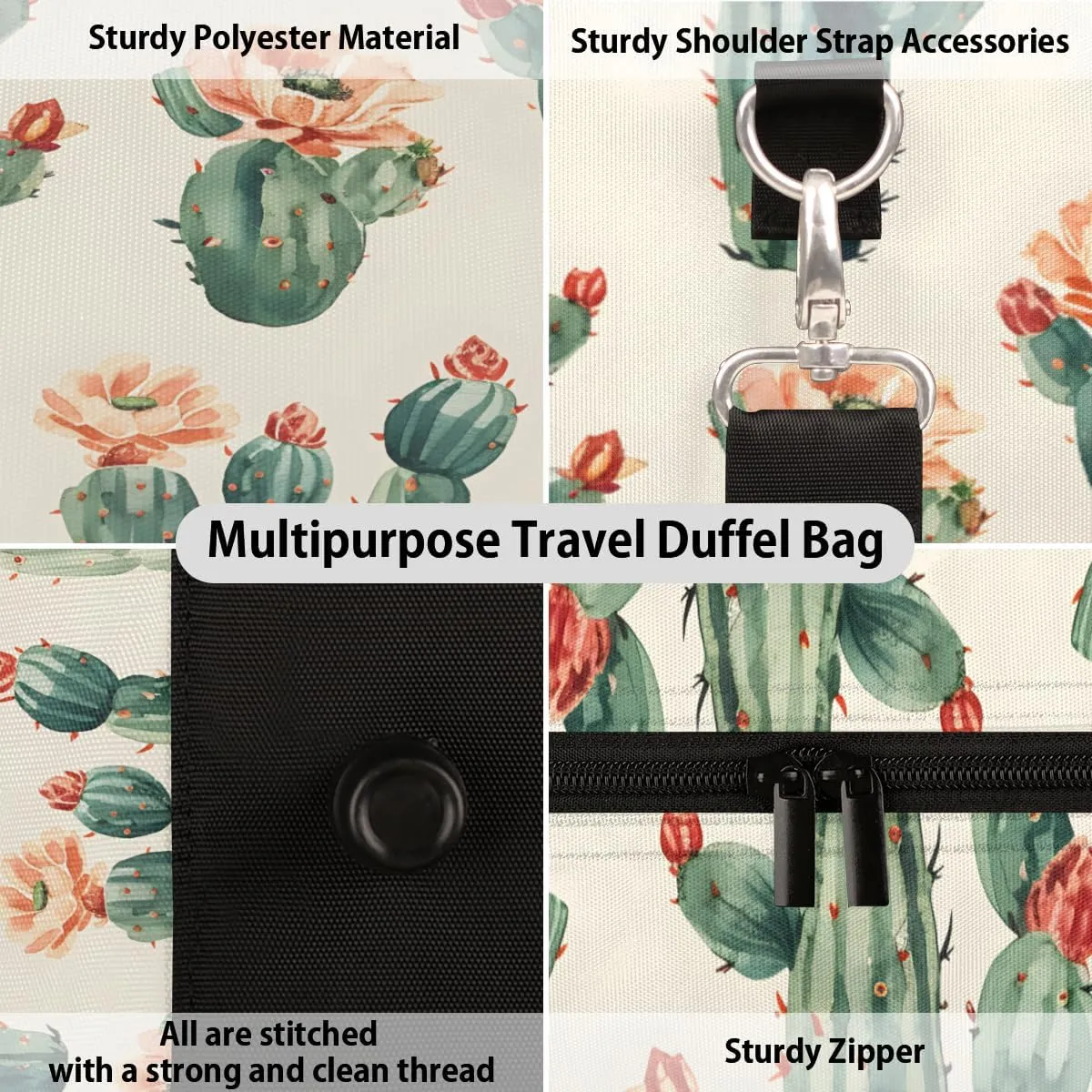 Cactus Travel Duffle Bag, Sports Gym Bags for Women Men, Carry On Weekender Overnight Bag, Tropical Plant Succulent Cacti Workout Hospital Airplane Trips Bag