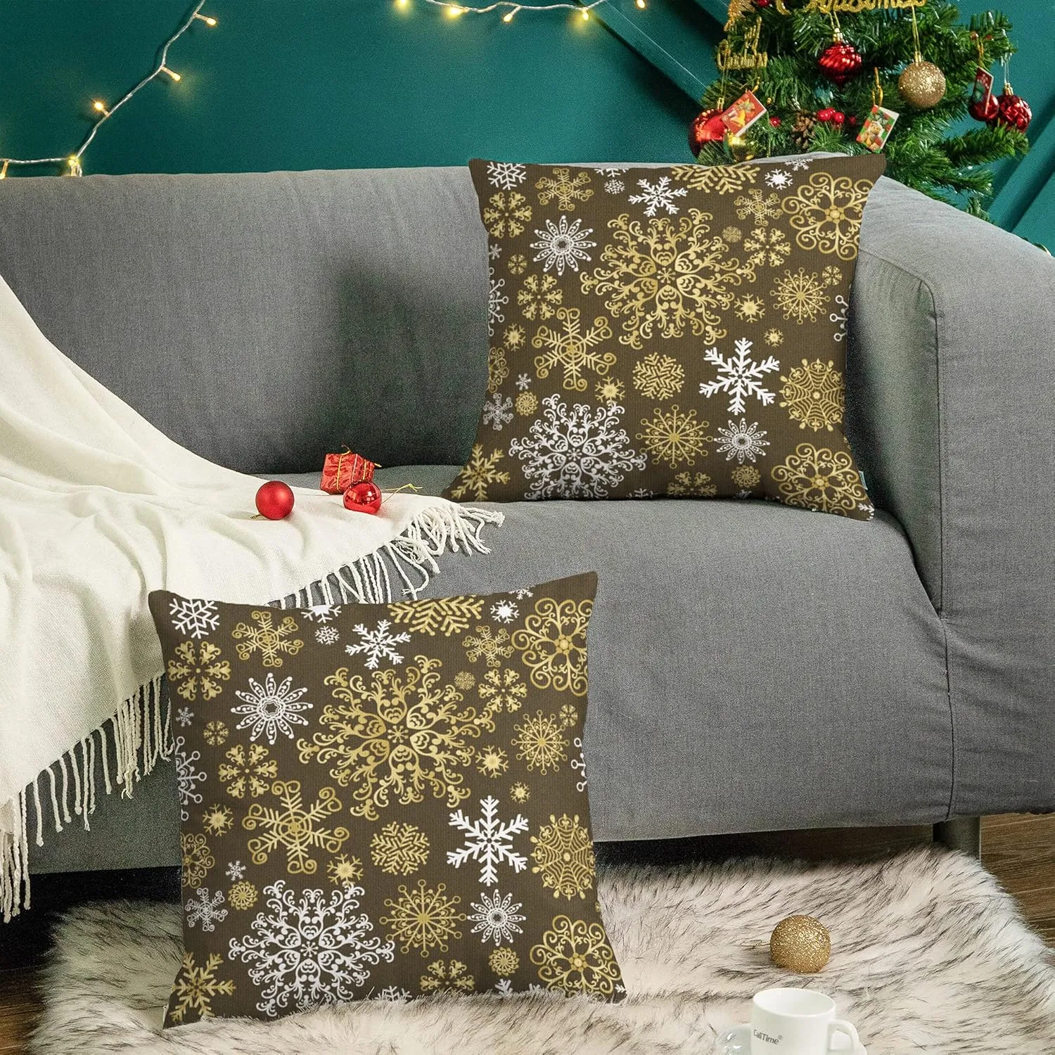 CaliTime Pack of 2 Christmas Cozy Fleece Snowflakes Both Sides Throw Pillow Cases Cushion Covers for Couch Bed Sofa 20 X 20 Inches Coffee