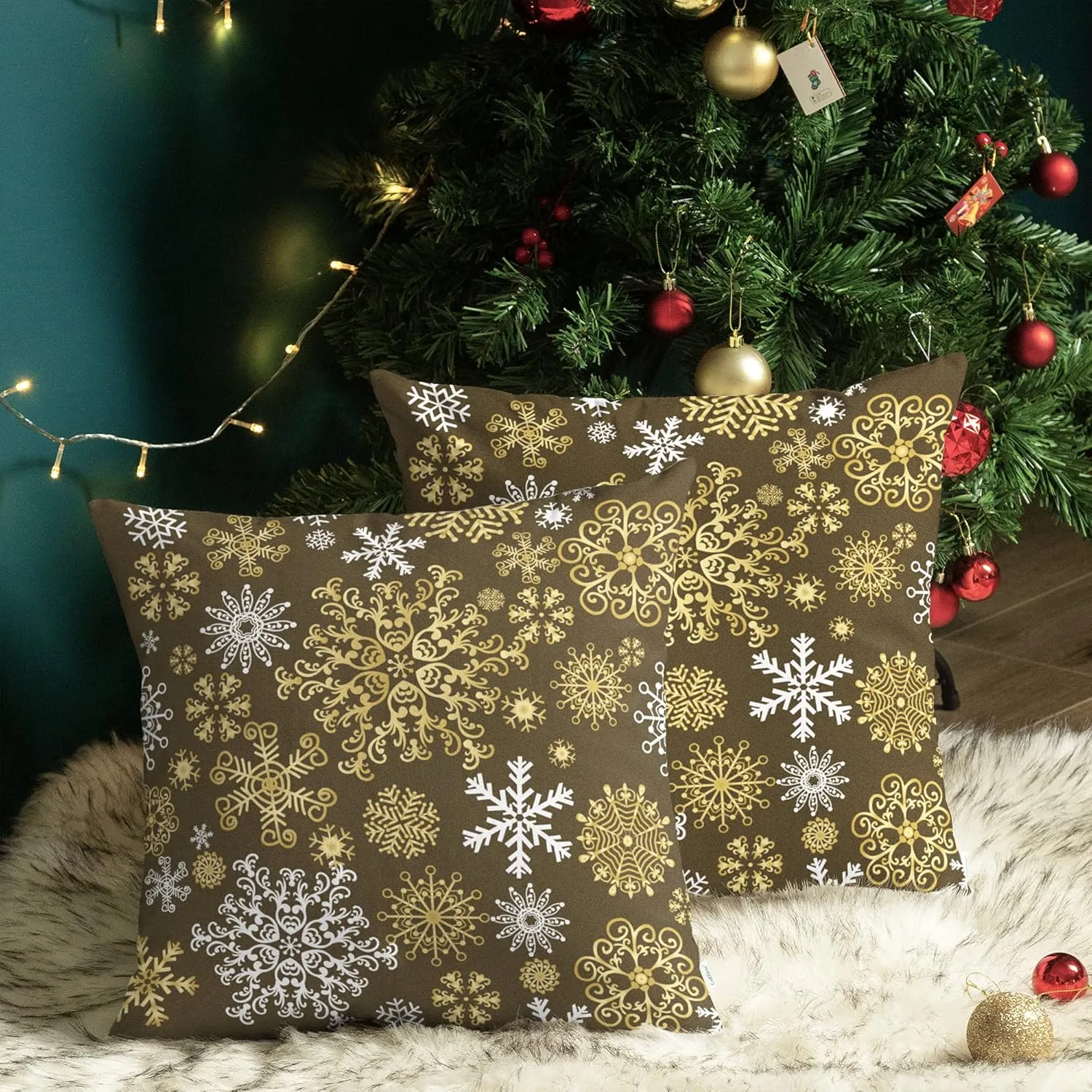 CaliTime Pack of 2 Christmas Cozy Fleece Snowflakes Both Sides Throw Pillow Cases Cushion Covers for Couch Bed Sofa 20 X 20 Inches Coffee