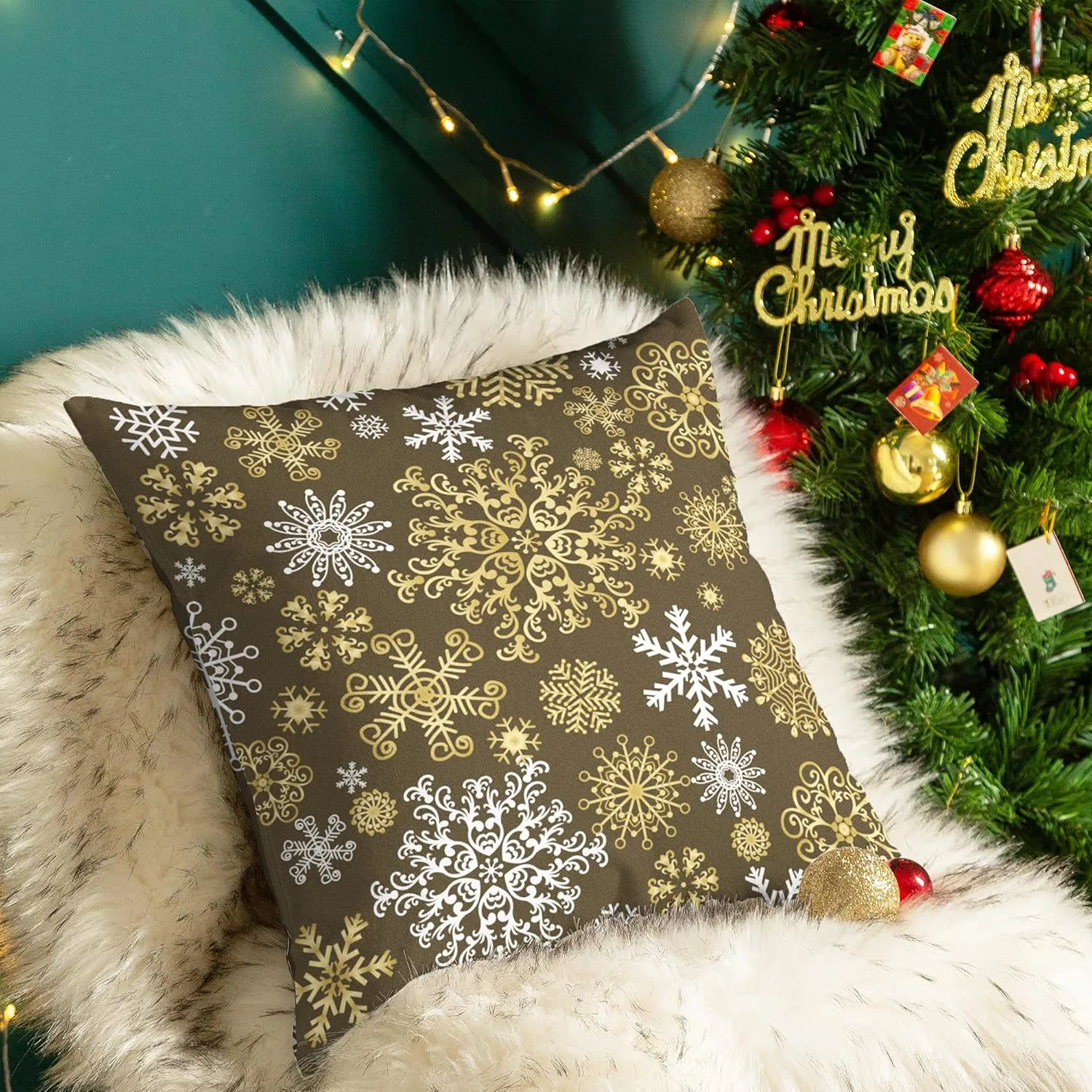 CaliTime Pack of 2 Christmas Cozy Fleece Snowflakes Both Sides Throw Pillow Cases Cushion Covers for Couch Bed Sofa 20 X 20 Inches Coffee
