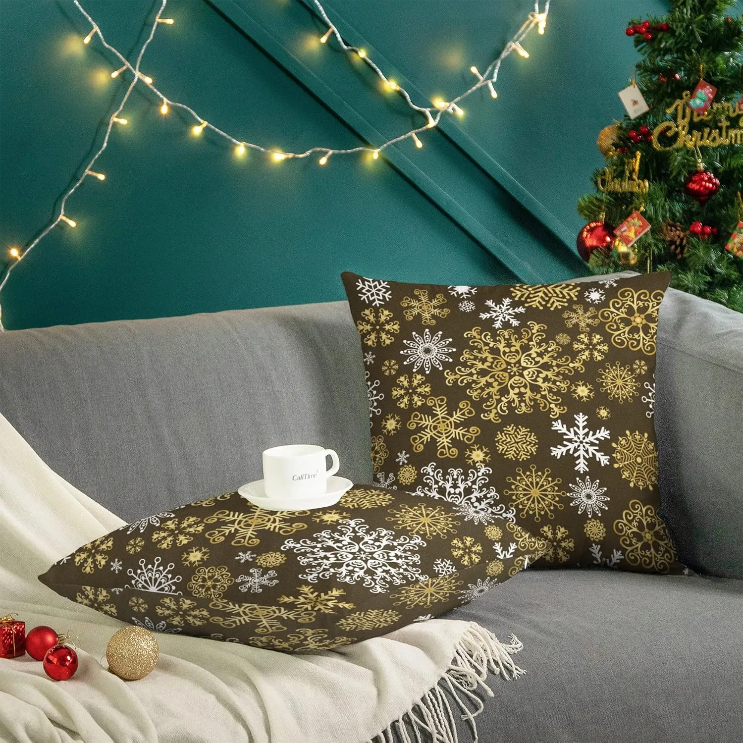 CaliTime Pack of 2 Christmas Cozy Fleece Snowflakes Both Sides Throw Pillow Cases Cushion Covers for Couch Bed Sofa 20 X 20 Inches Coffee