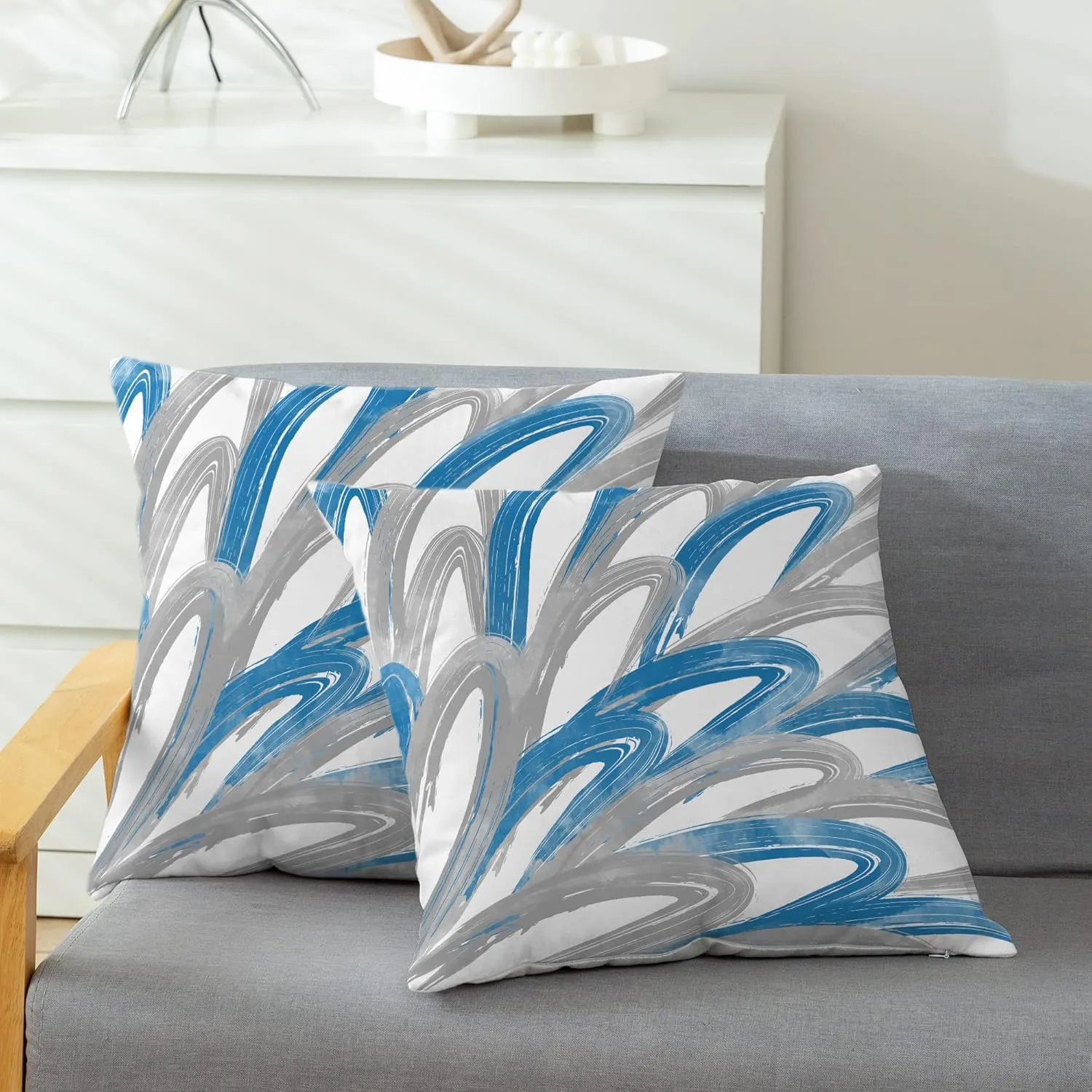 CaliTime Throw Pillow Cases Pack of 2 Cozy Fleece Two-Tone Abstract Feather Decorative Cushion Covers for Couch Bed Sofa Farmhouse Decoration 16 X 16 Inches Blue Grey