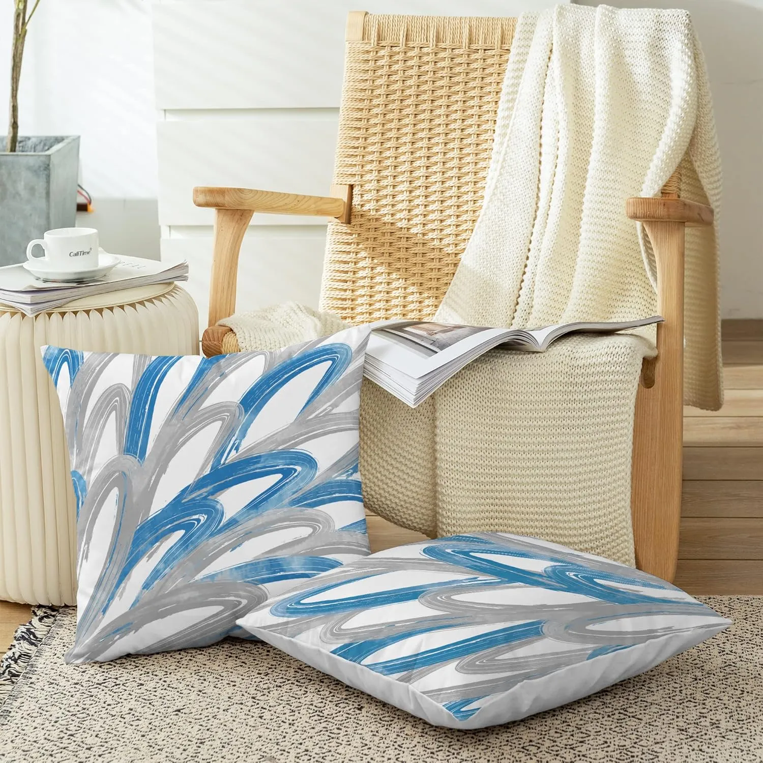 CaliTime Throw Pillow Cases Pack of 2 Cozy Fleece Two-Tone Abstract Feather Decorative Cushion Covers for Couch Bed Sofa Farmhouse Decoration 16 X 16 Inches Blue Grey