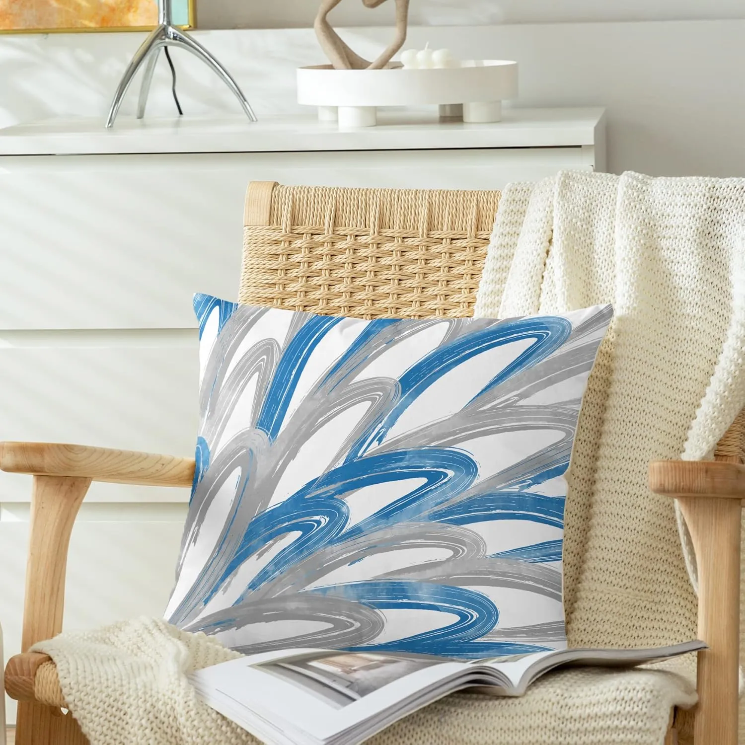 CaliTime Throw Pillow Cases Pack of 2 Cozy Fleece Two-Tone Abstract Feather Decorative Cushion Covers for Couch Bed Sofa Farmhouse Decoration 16 X 16 Inches Blue Grey