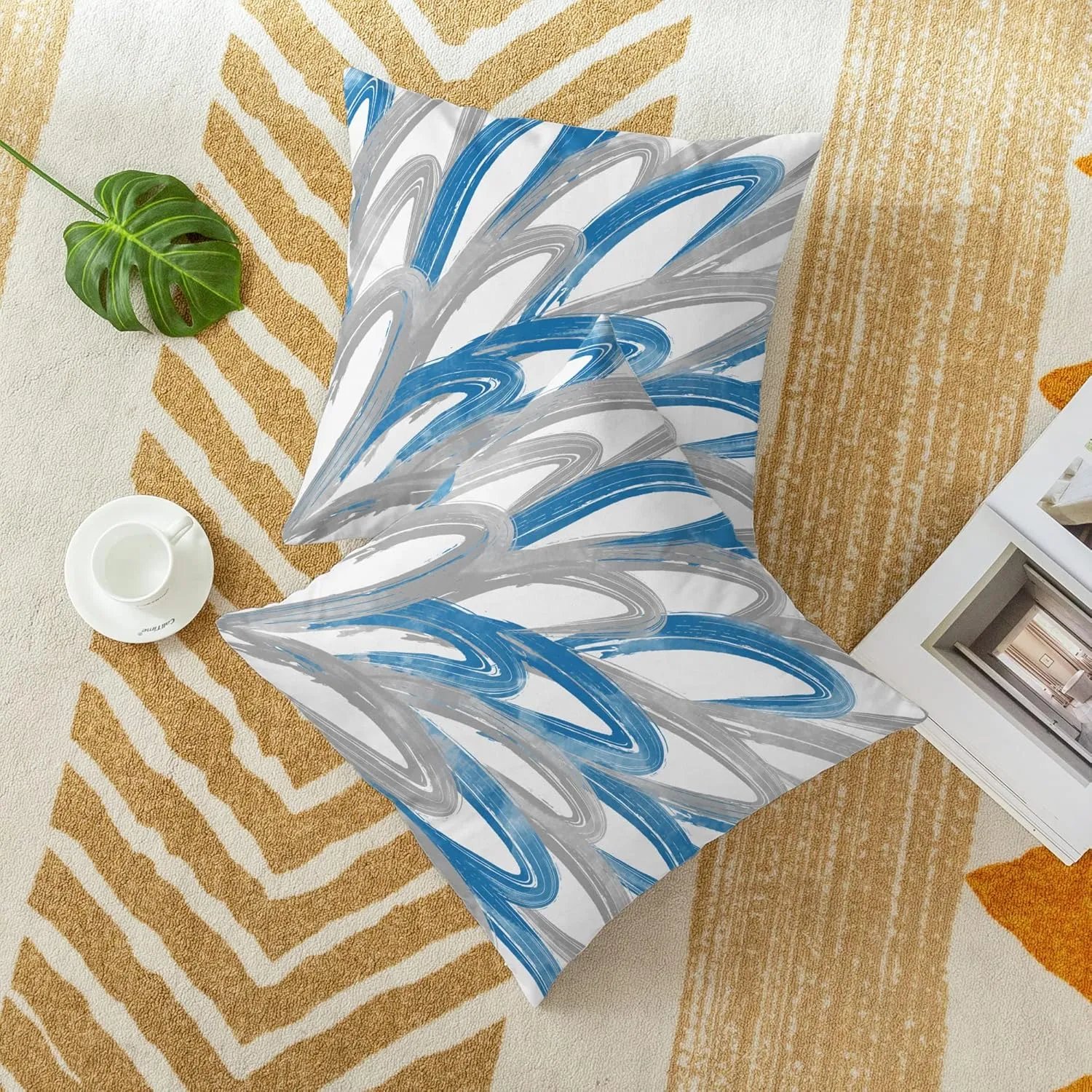 CaliTime Throw Pillow Cases Pack of 2 Cozy Fleece Two-Tone Abstract Feather Decorative Cushion Covers for Couch Bed Sofa Farmhouse Decoration 16 X 16 Inches Blue Grey
