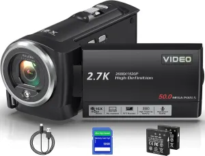 Camcorder Video Camera QHD 2.7K 50MP 16X Digital Zoom Vlogging Camera with LED Fill Light for YouTube, 2.8 Inch 270 Degree Rotation LCD Screen Camcorder with 32GB SD Card and Two Batteries