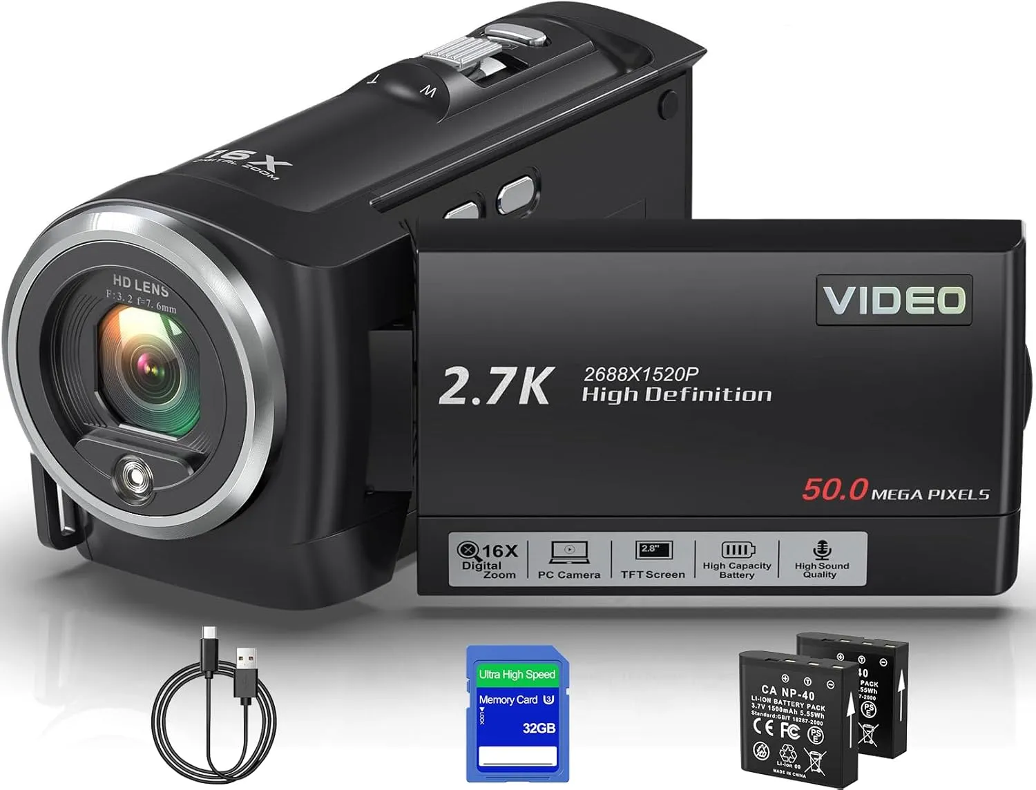 Camcorder Video Camera QHD 2.7K 50MP 16X Digital Zoom Vlogging Camera with LED Fill Light for YouTube, 2.8 Inch 270 Degree Rotation LCD Screen Camcorder with 32GB SD Card and Two Batteries