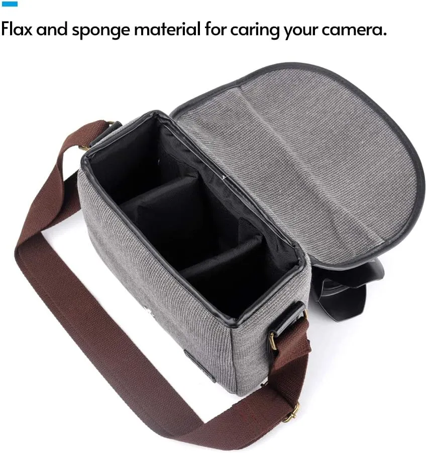 Camera Bag, SLR/DSLR Camera Bag Portable, Premium Flax Material, Waterproof, Outside Slots, Delicate Buckle, Slim but Shoulder Strap (gray)